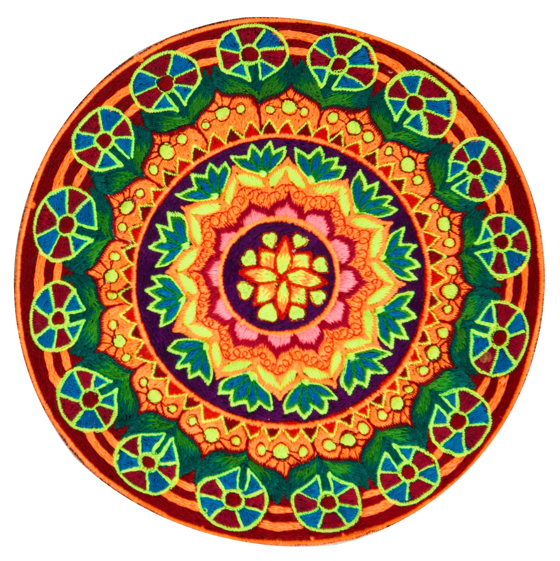 Psychedelic Sun mandala embroidery patch artwork blacklight glowing high detail beautiful colors