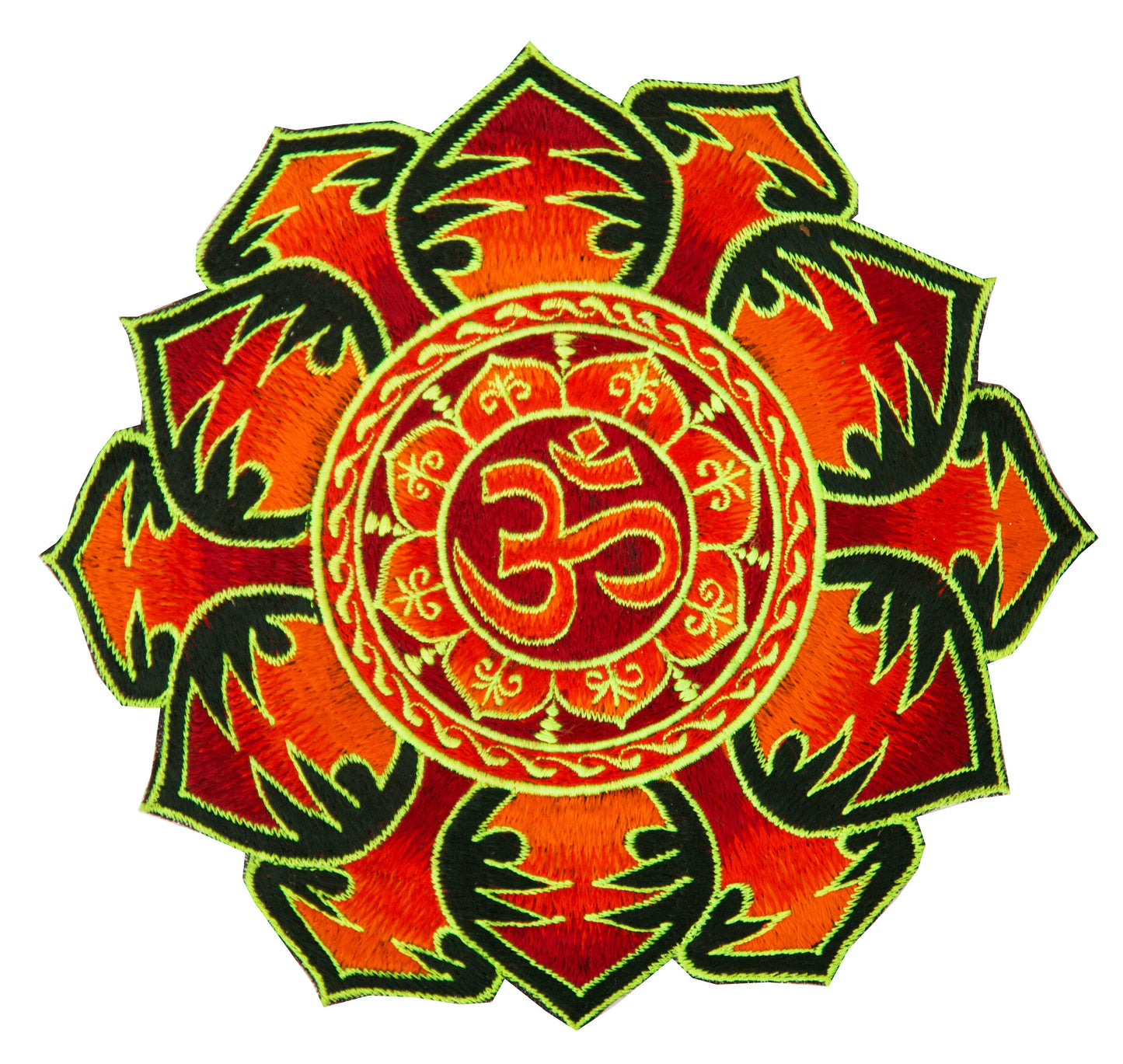Red flower Aum Mandala patch goa embroidery blacklight glowing cosmic music art