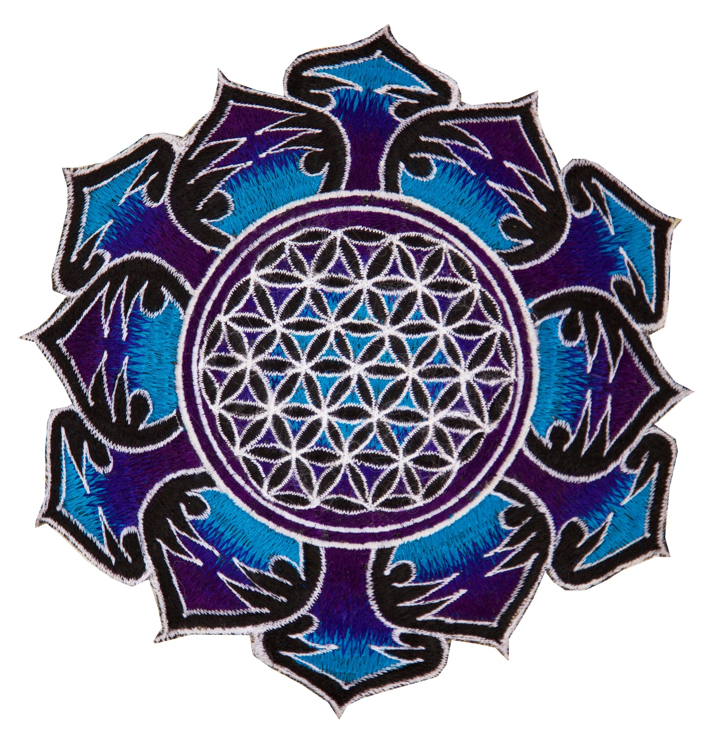 Blue white Flower of Life embroidery patch for sew on - holy geometry sacred healing energy art