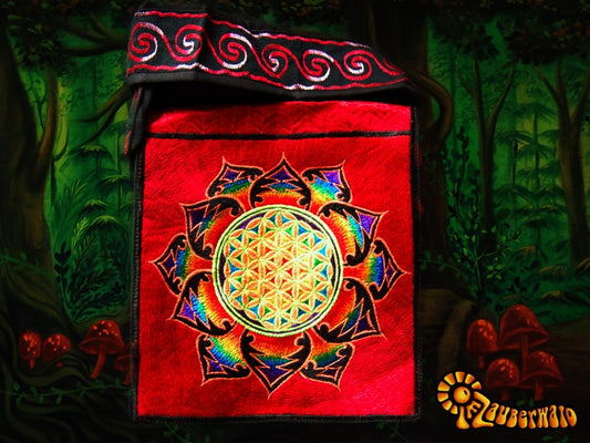 Red rainbow flower of life shoulderbag blacklight glowing handbag sacred geometry mandala