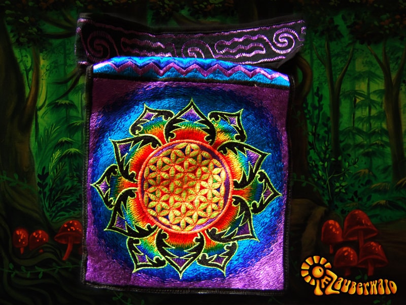 Purple rainbow flower of life shoulderbag blacklight glowing handbag sacred geometry mandala