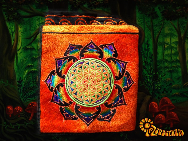 Orange rainbow flower of life shoulderbag blacklight glowing handbag sacred geometry mandala