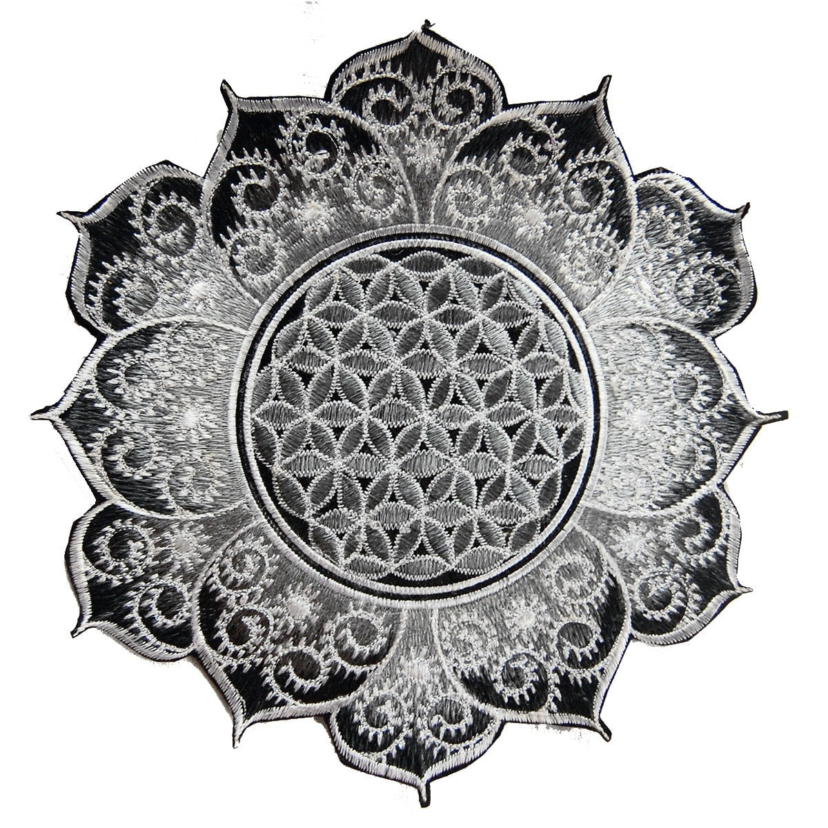 White gray Flower of Life fractal mandala holy geometry patch sacred geometry art for sew on