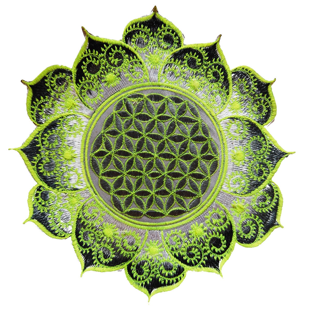 White UV yellow Flower of Life fractal mandala holy geometry patch sacred geometry art for sew on