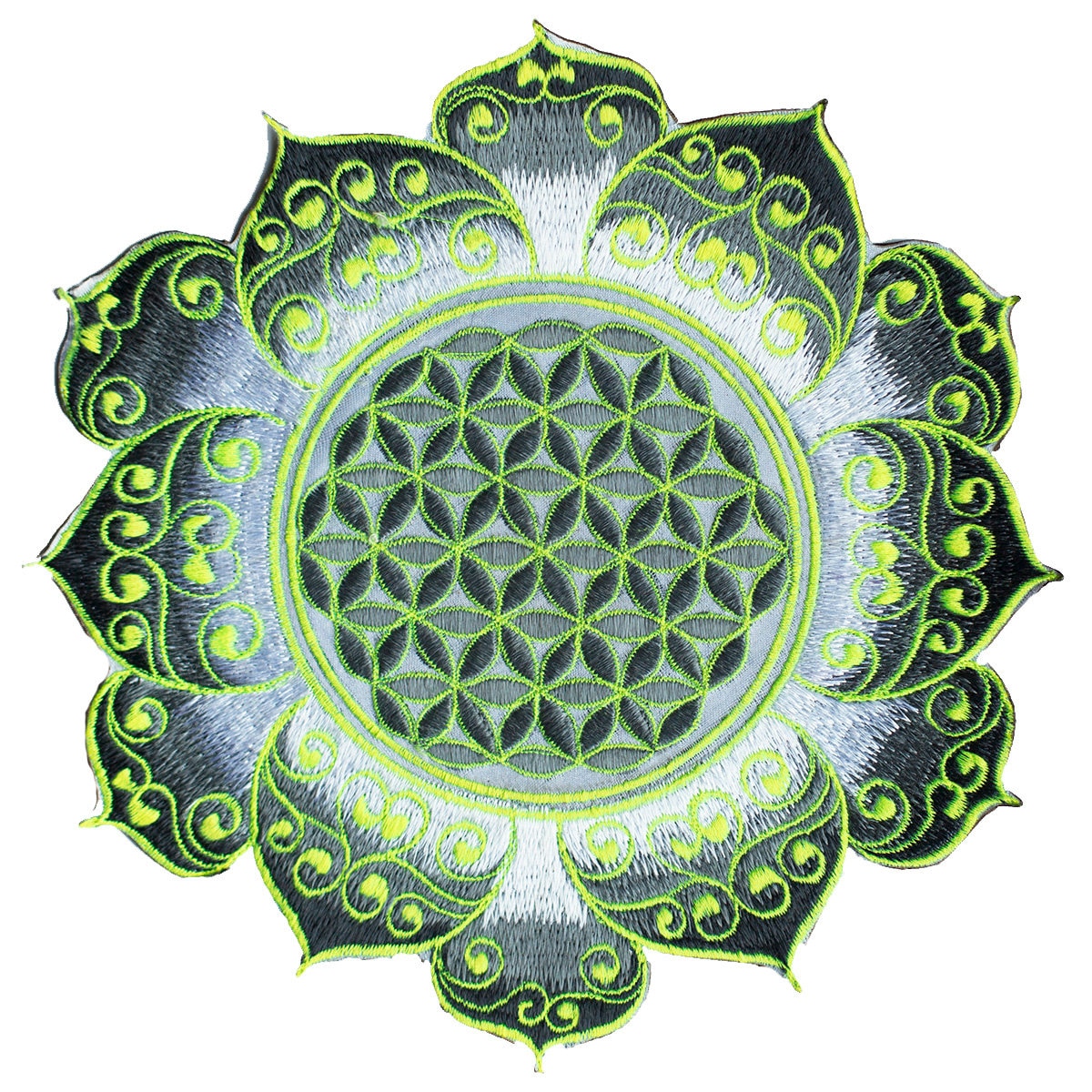 White UV yellow Flower of Life fractal mandala holy geometry patch sacred geometry art for sew on