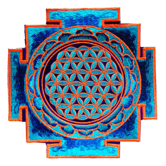 Blue UV Orange yantra flower of life sacred geometry goa patch holy healing information