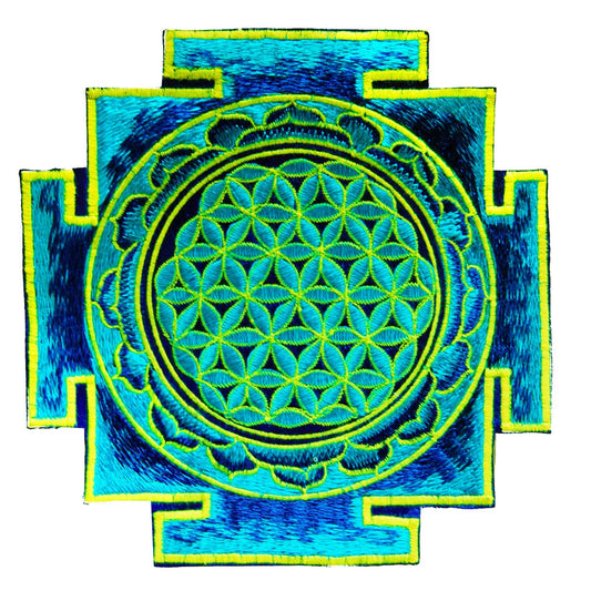 Blue UV yantra flower of life sacred geometry goa patch holy healing information