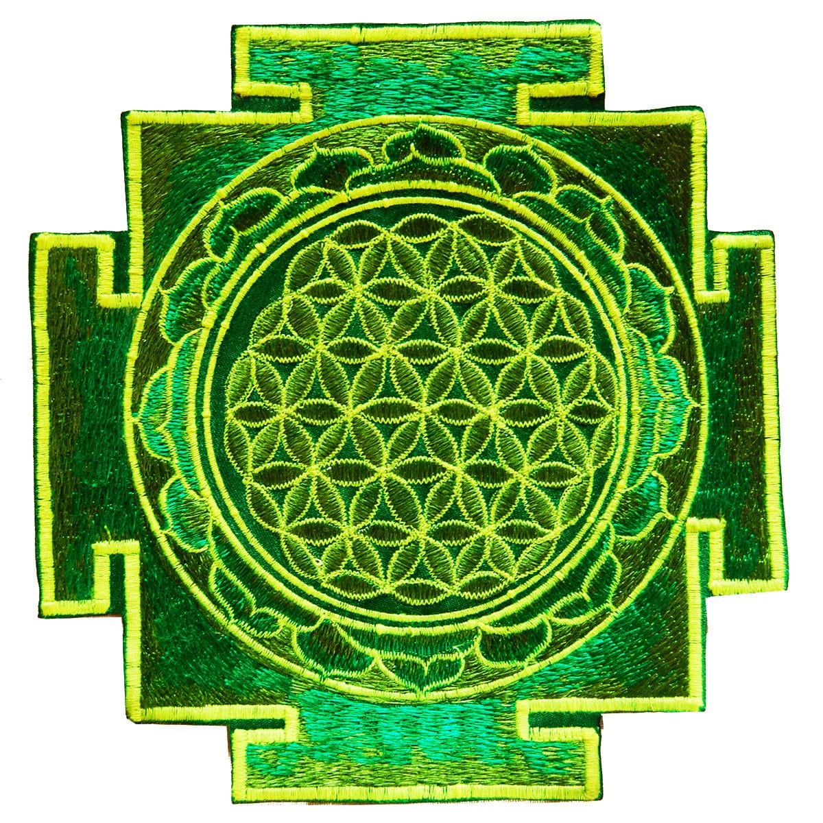Blue UV Orange yantra flower of life sacred geometry goa patch holy healing information