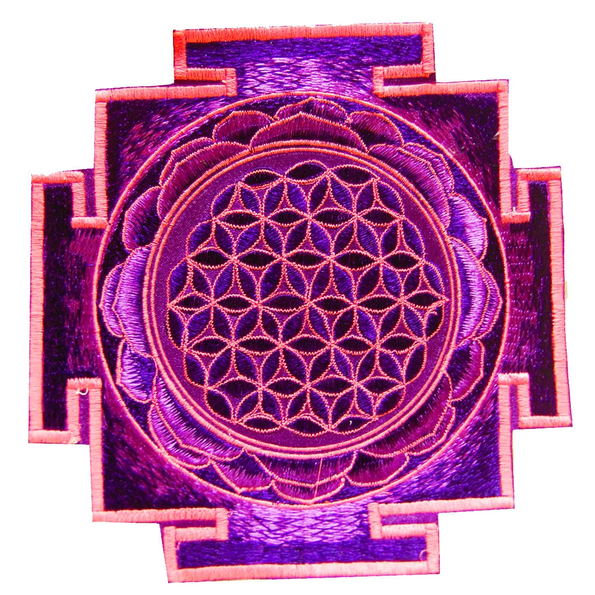 Blue UV Orange yantra flower of life sacred geometry goa patch holy healing information