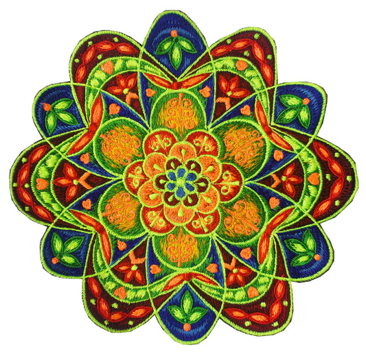 Flower Mandala embroidery patch blacklight glowing magnificent psychedelic art