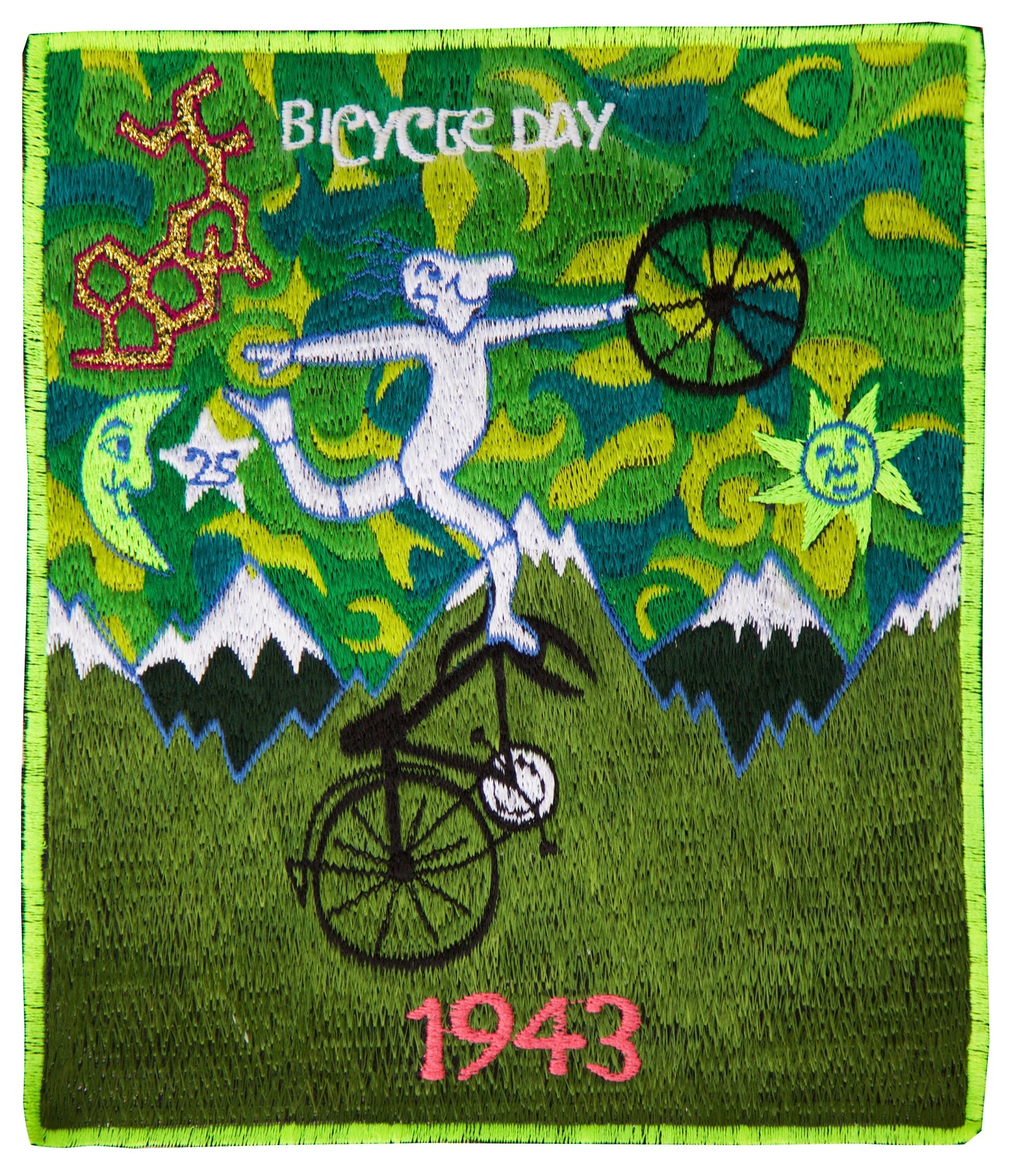 Green Psycycle Day LSD T-Shirt Albert Hofmann Bicycle Day art handmade embroidery no print psychedelic goa tshirt hippie shirt