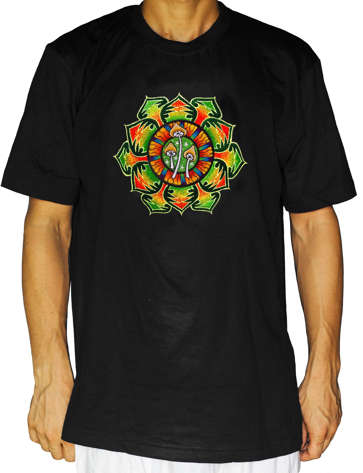 Green Magic Mushroom T-Shirt Shrooms Mandala handmade embroidery yantra goa tshirt psychedelic psy trance shirt Mckenna mandala