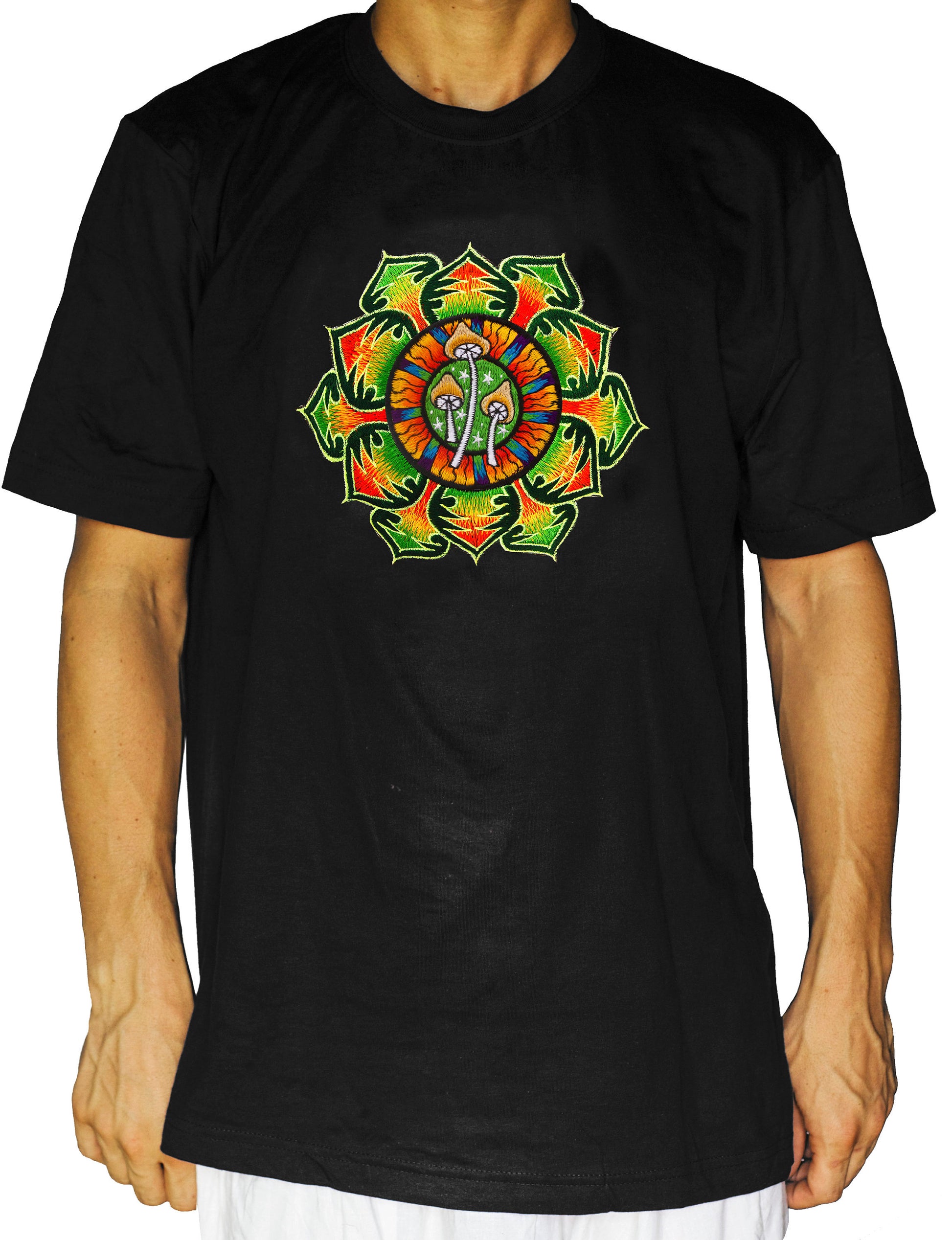 Green Magic Mushroom T-Shirt Shrooms Mandala handmade embroidery yantra goa tshirt psychedelic psy trance shirt Mckenna mandala