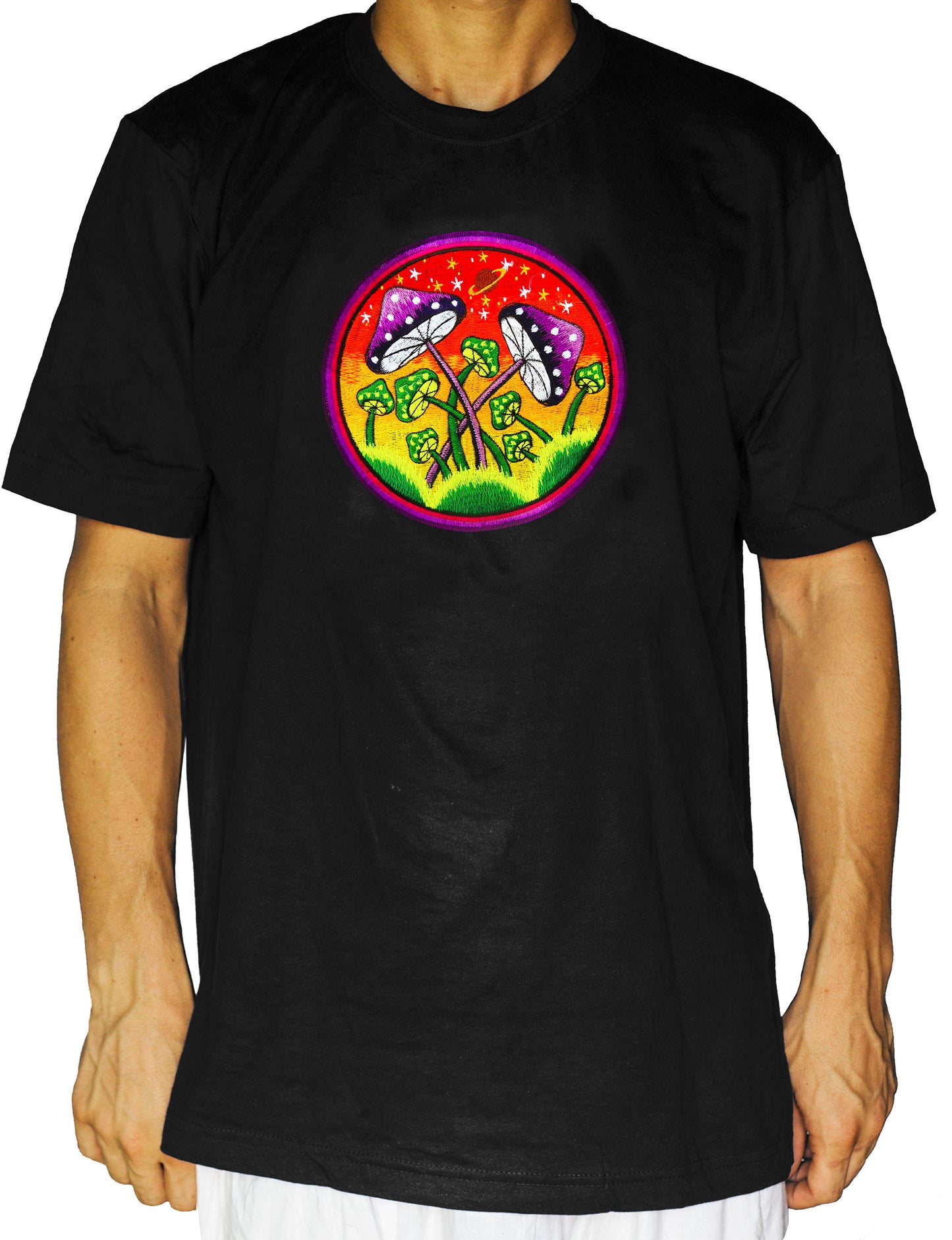 Magic Mushroom Planet T-Shirt blacklight handmade embroidery no print goa t-shirt