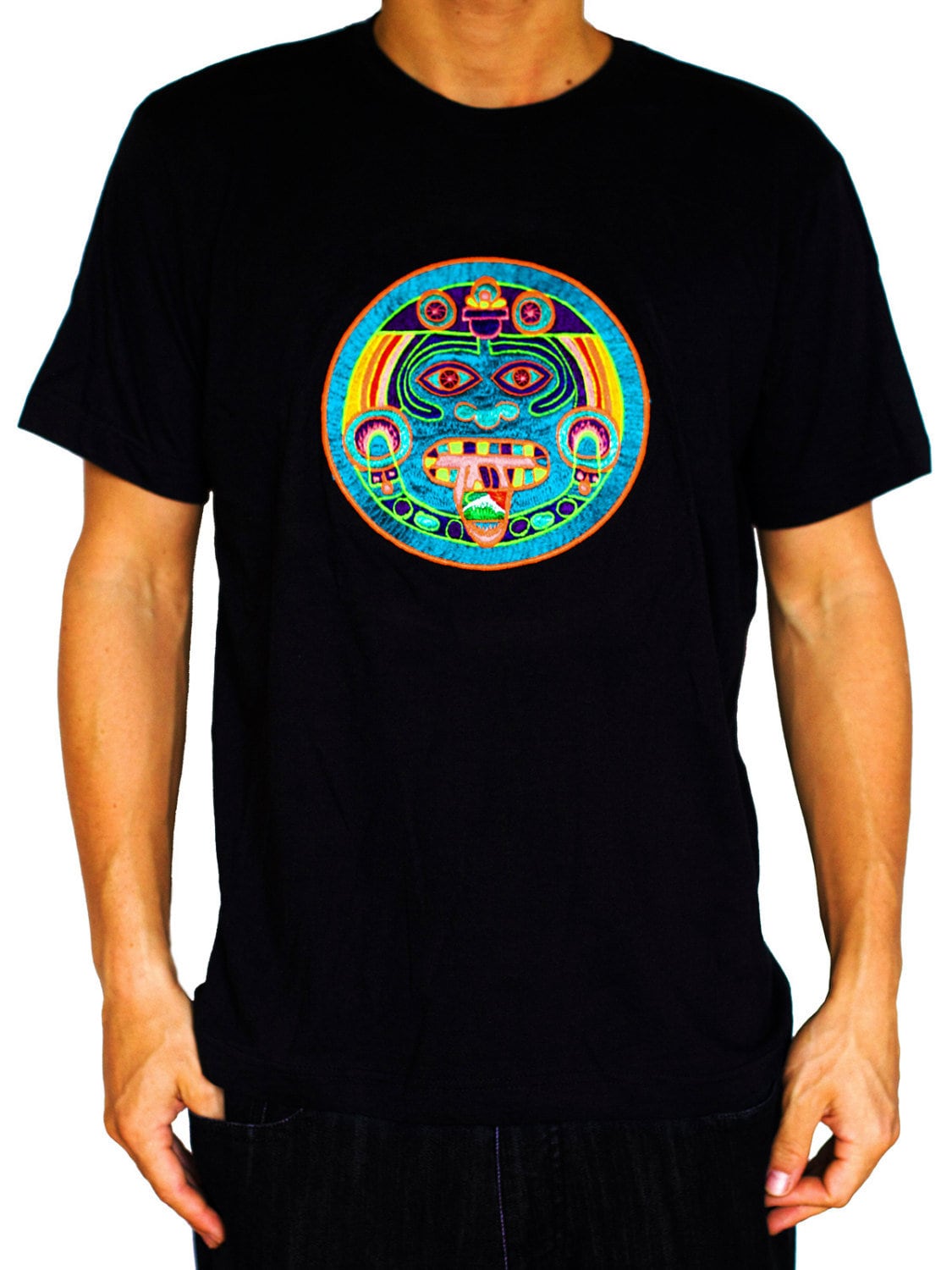 Maya Hofmann 2012 T-Shirt - ancient LSD calendar blacklight handmade embroidery no print goa t-shirt