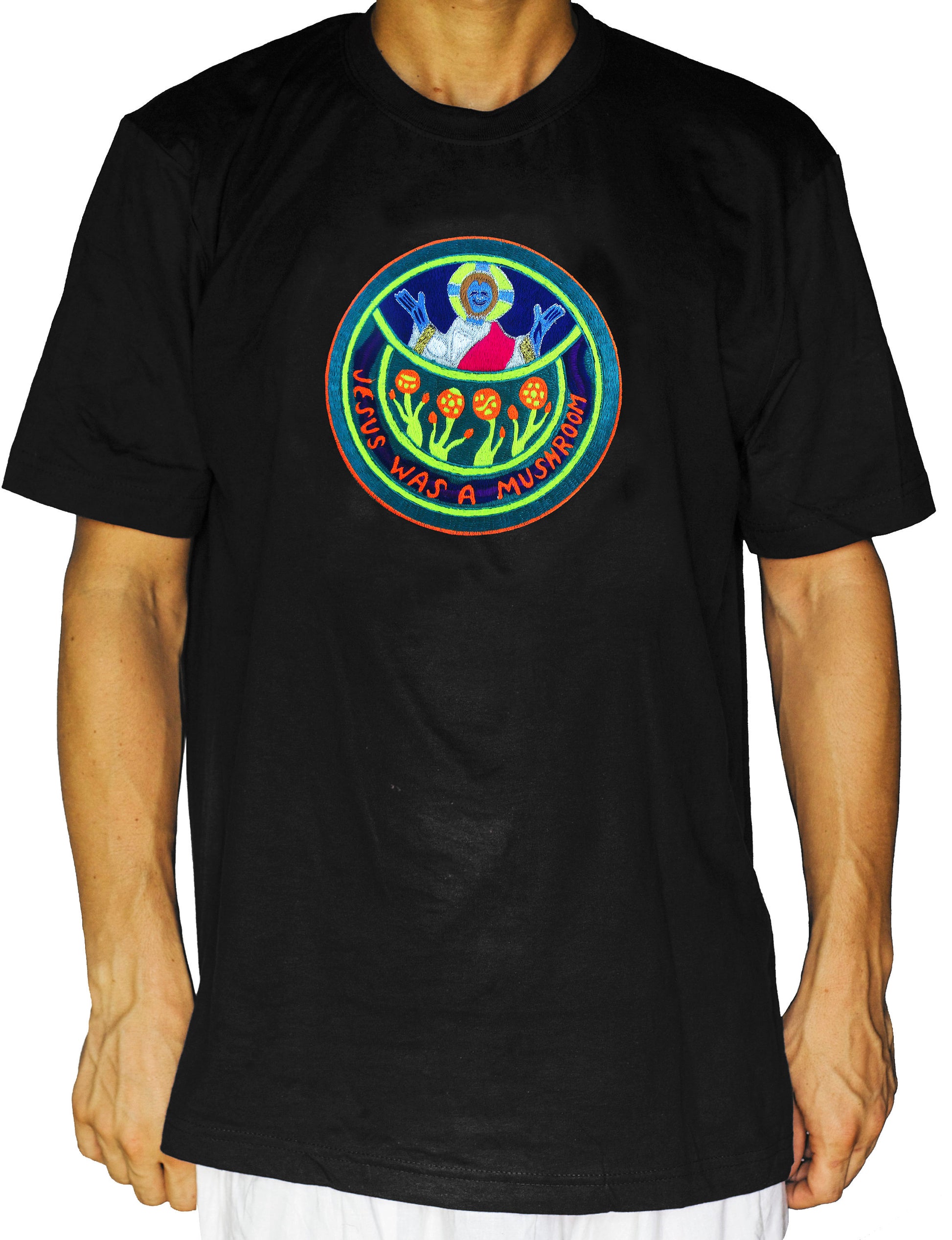 Jesus was a Mushroom T-Shirt blacklight handmade embroidery no print goa t-shirt