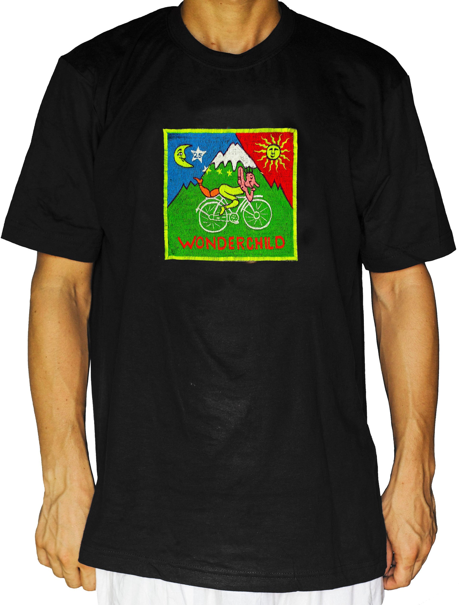 Wonderchild LSD T-Shirt Hofmann Bicycle Day blacklight handmade embroidery no print goa t-shirt Timothy Leary vintage LSD25 discovery art