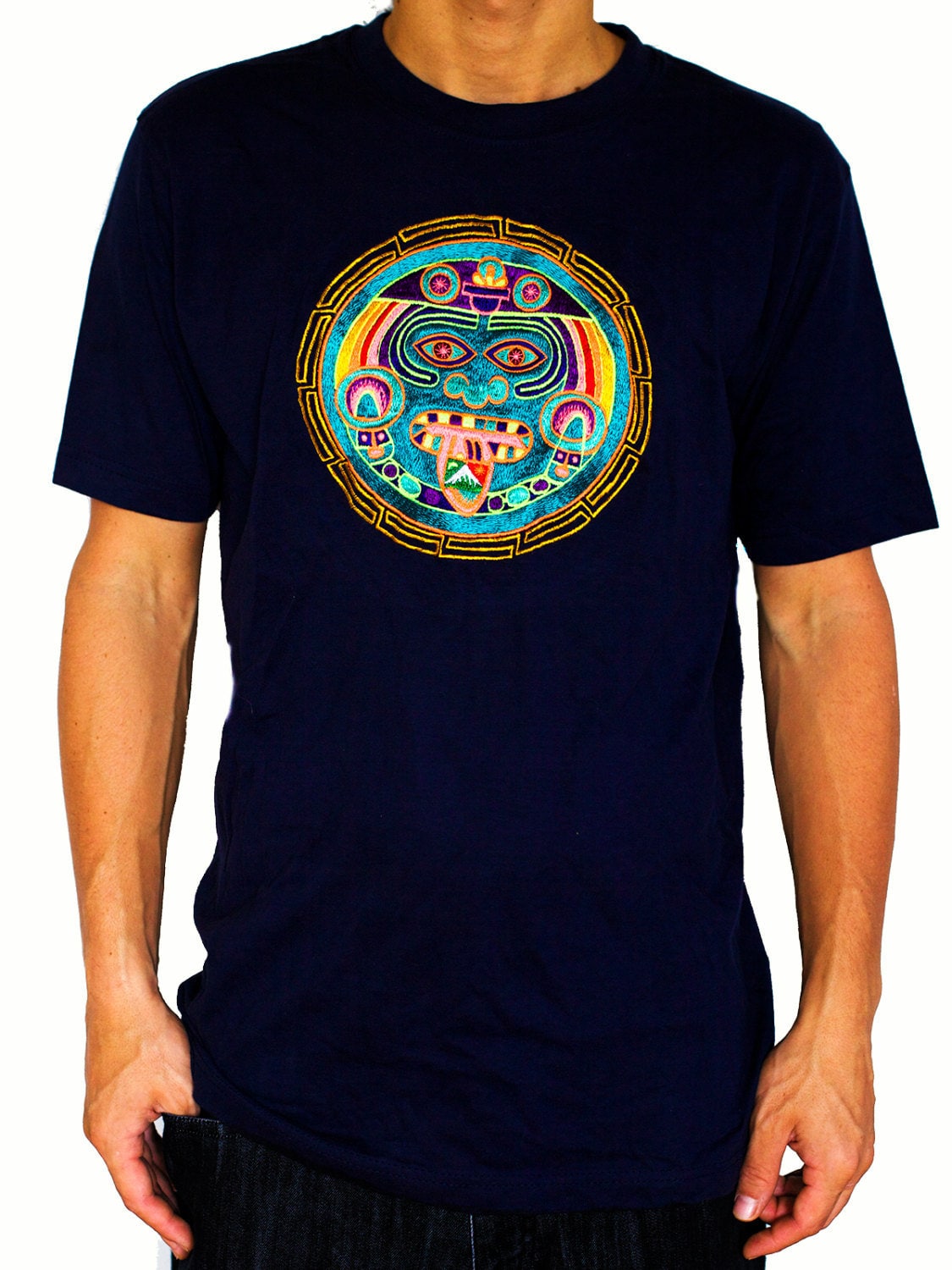 Maya Hofmann 2012 T-Shirt - greek mandala ancient LSD calendar blacklight handmade embroidery no print goa t-shirt