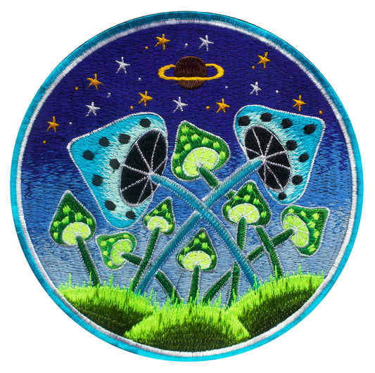 Fluro Mushroom Planet green & blue Patch Psychedelic Psilocybin Shroom goa trance embroidery art