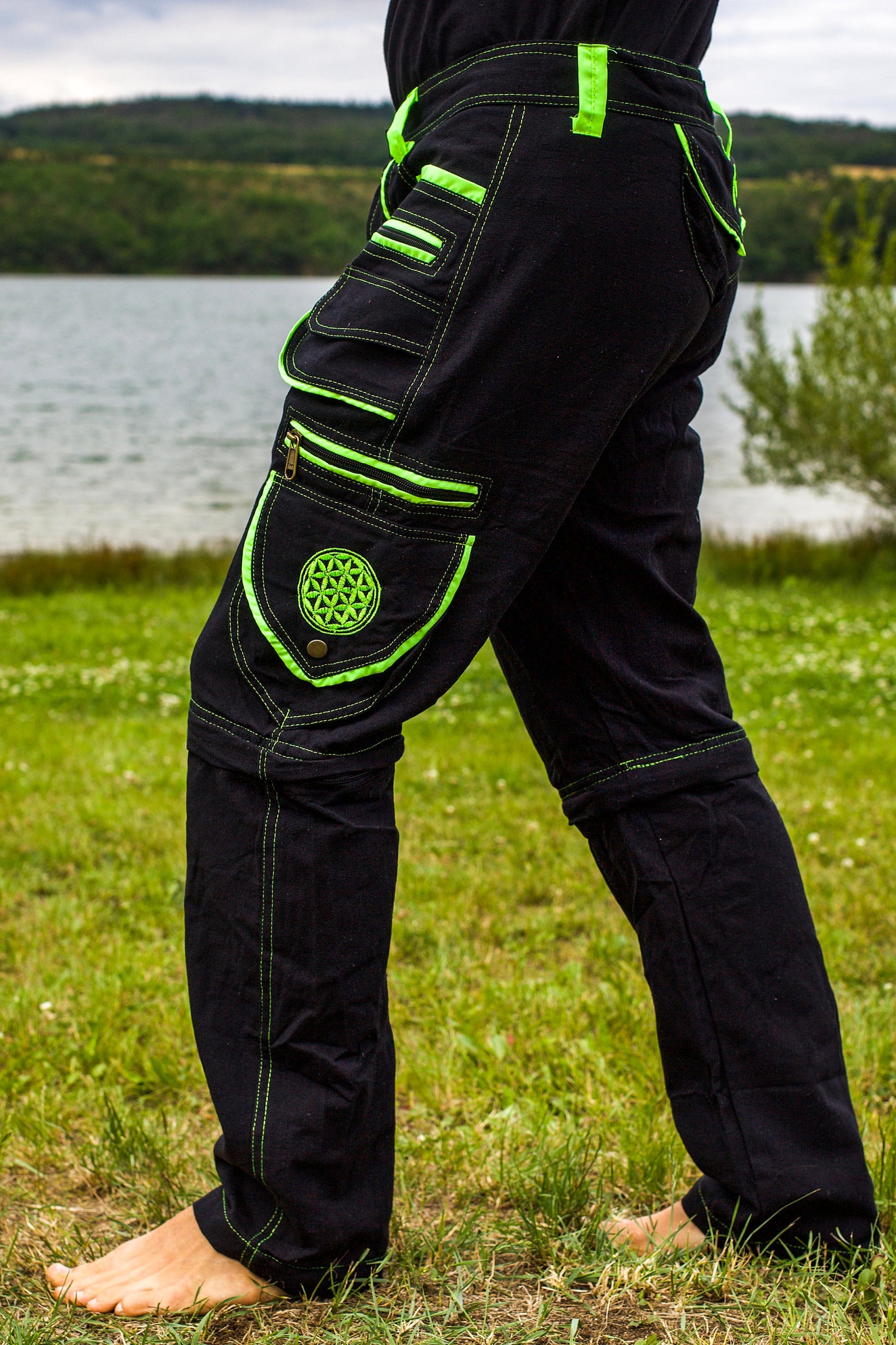 Flower of Life Pants - 2 in 1 pants - 9 pockets custom size handmade sacred geometry clamdiggers comfortable and heat adjustive