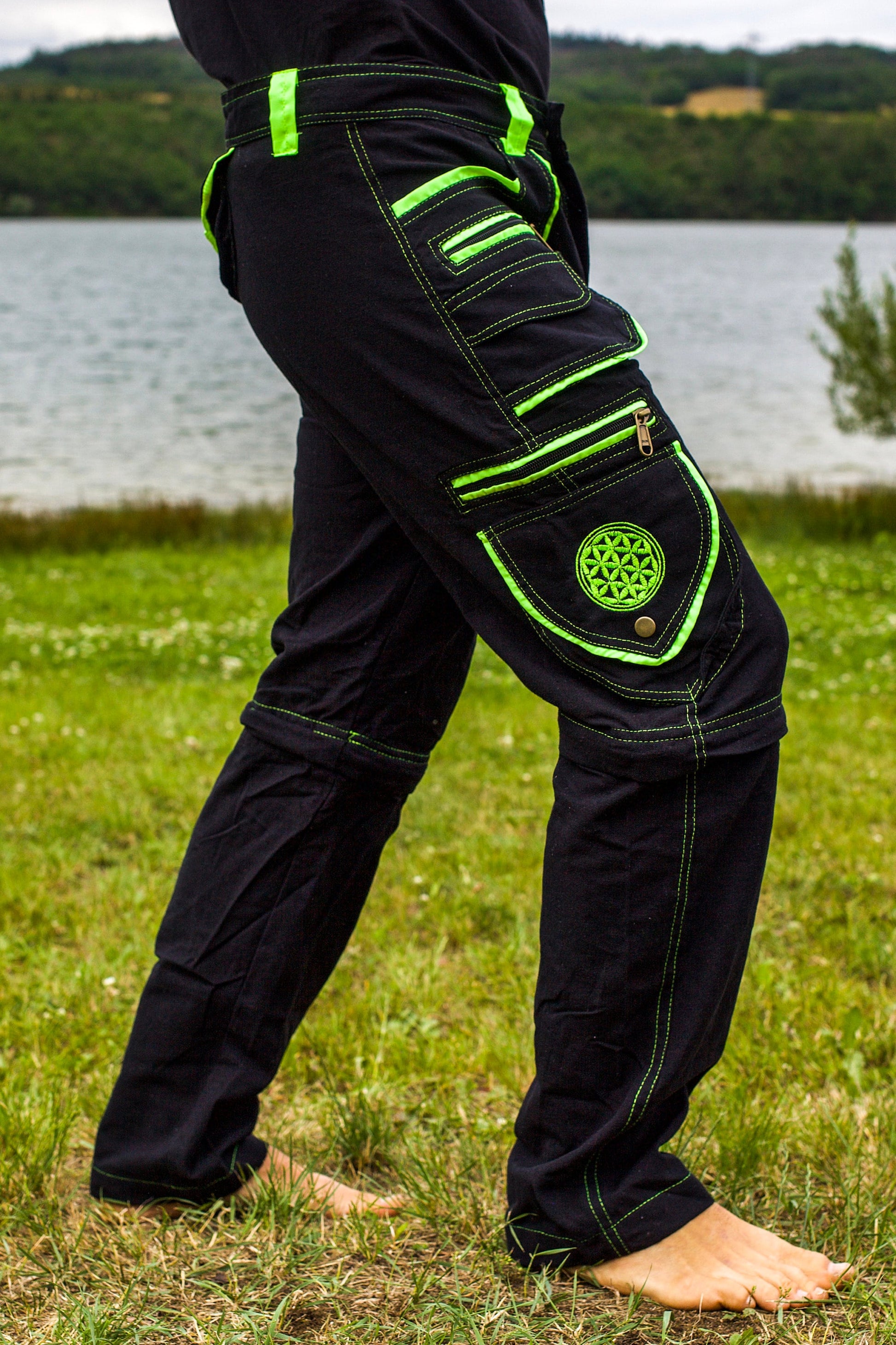 Flower of Life Pants - 2 in 1 pants - 9 pockets custom size handmade sacred geometry clamdiggers comfortable and heat adjustive