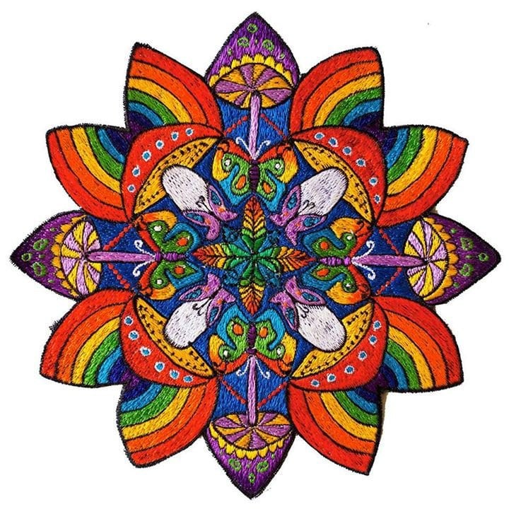 Rainbow Flymushroom Mandala Goa Patch Psychedelic Magic Mushroom Hippie Embroidery Visionary Art for sew on Psilocybin Shrooms