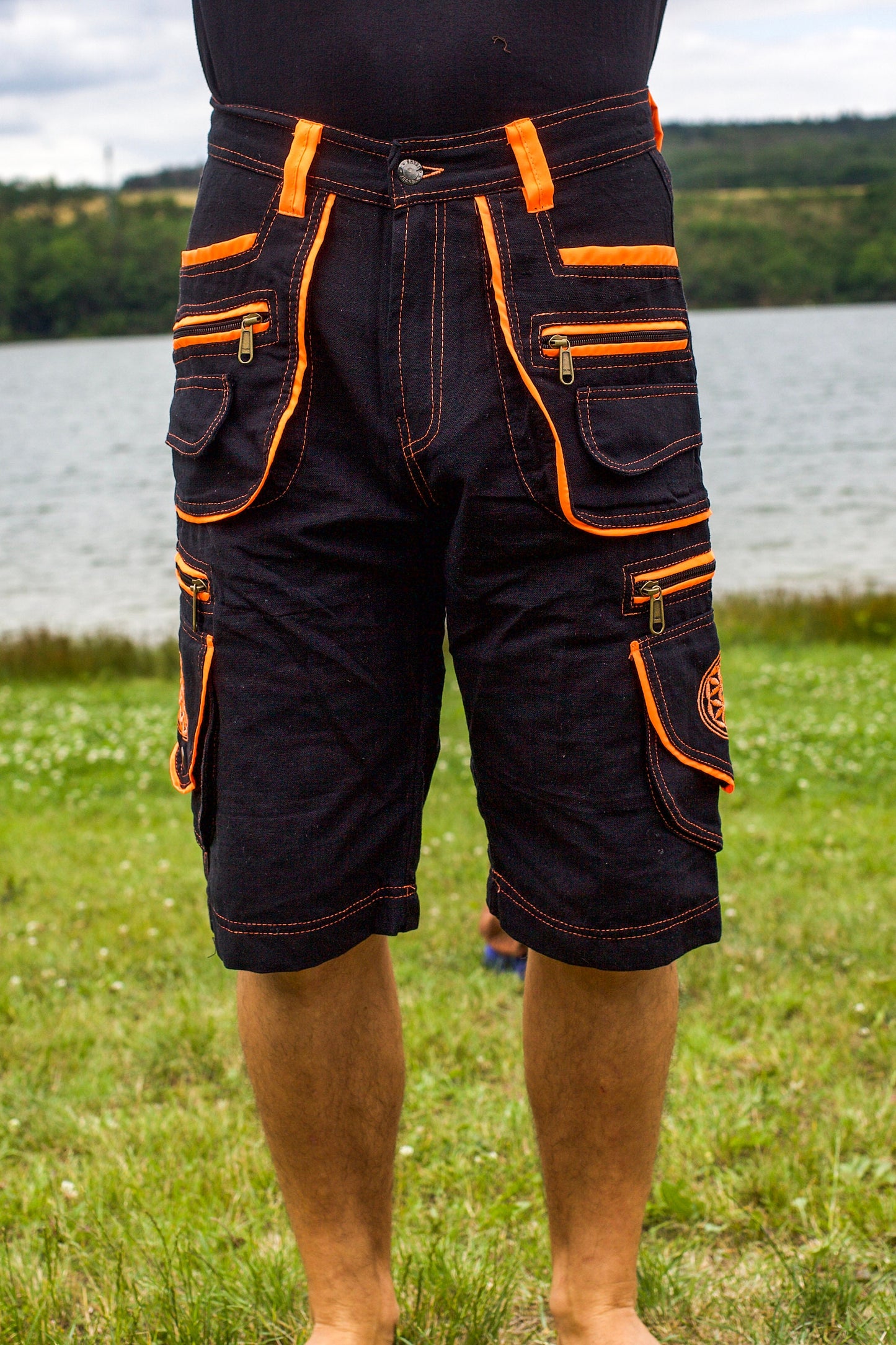 Flower of Life Pants - 2 in 1 pants - 9 pockets custom size UV orange embroidery sacred geometry clamdiggers comfortable and heat adjustive