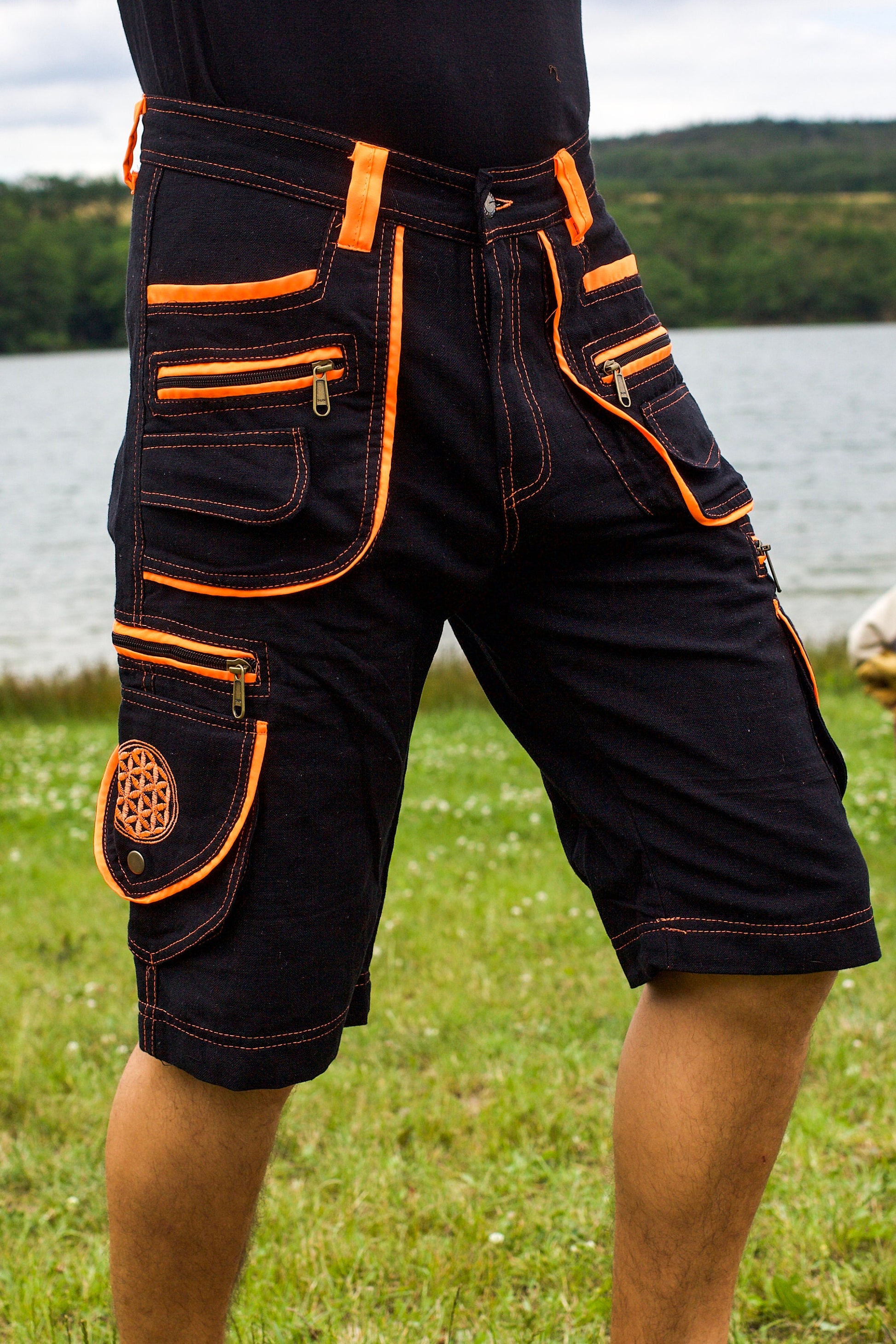 Flower of Life Pants - 2 in 1 pants - 9 pockets custom size UV orange embroidery sacred geometry clamdiggers comfortable and heat adjustive