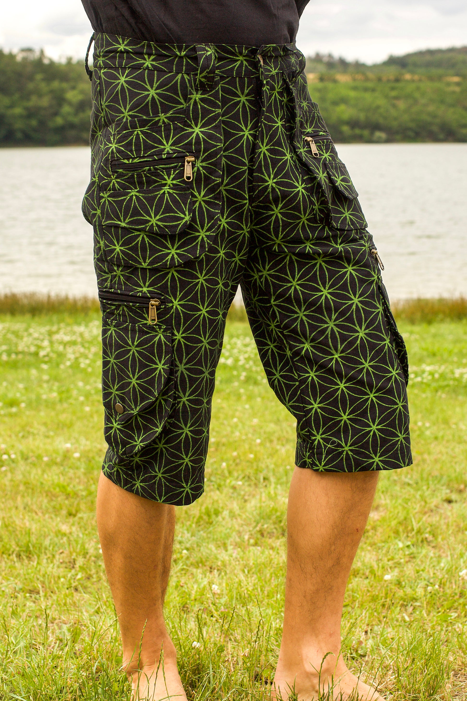 green Flower of Life Pants with many pockets - intelligent 2 in 1 shorts or long pants - handmade comfortable sacred geometry pattern