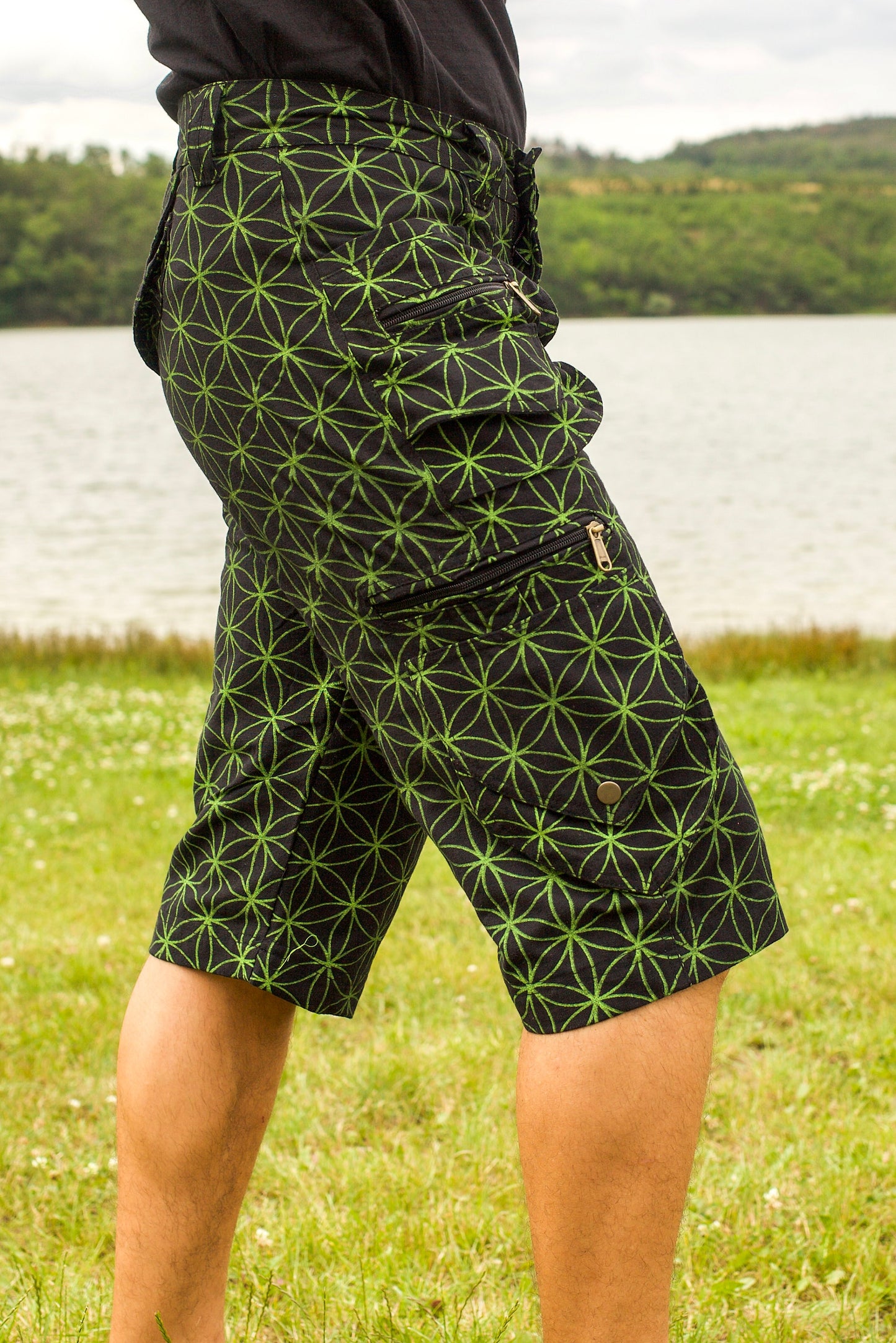 green Flower of Life Pants with many pockets - intelligent 2 in 1 shorts or long pants - handmade comfortable sacred geometry pattern