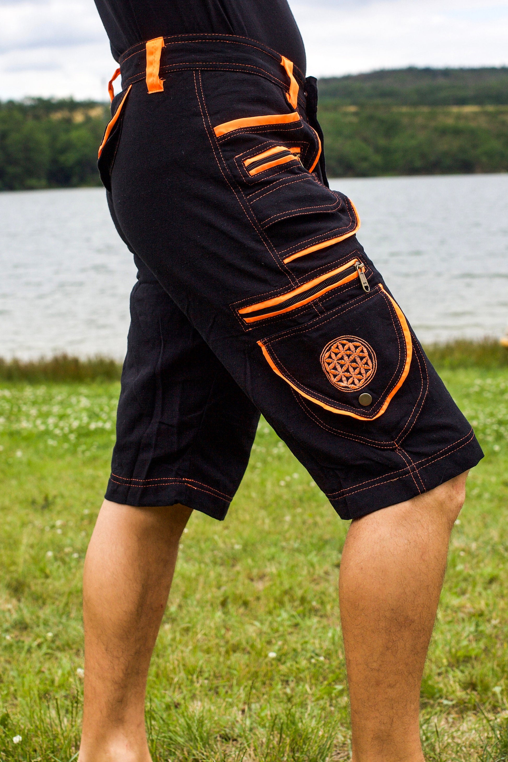 Flower of Life Pants - 2 in 1 pants - 9 pockets custom size UV orange embroidery sacred geometry clamdiggers comfortable and heat adjustive