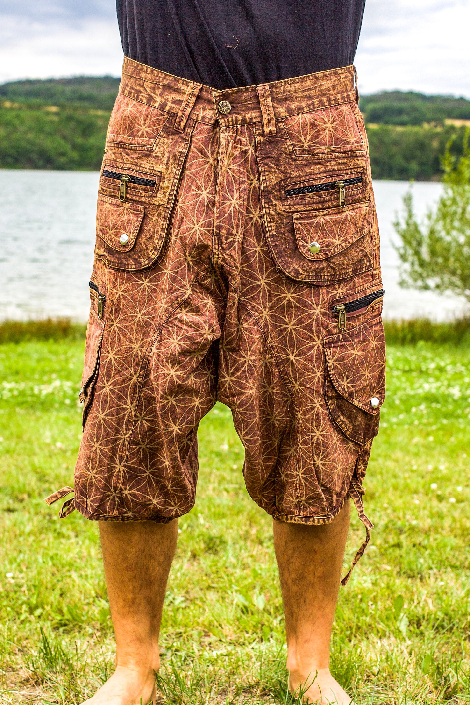 Brown Flower of Life Pants - sacred geometry pattern shorts - 9 pockets handmade long and short pants  size adjustable with 2 buttons