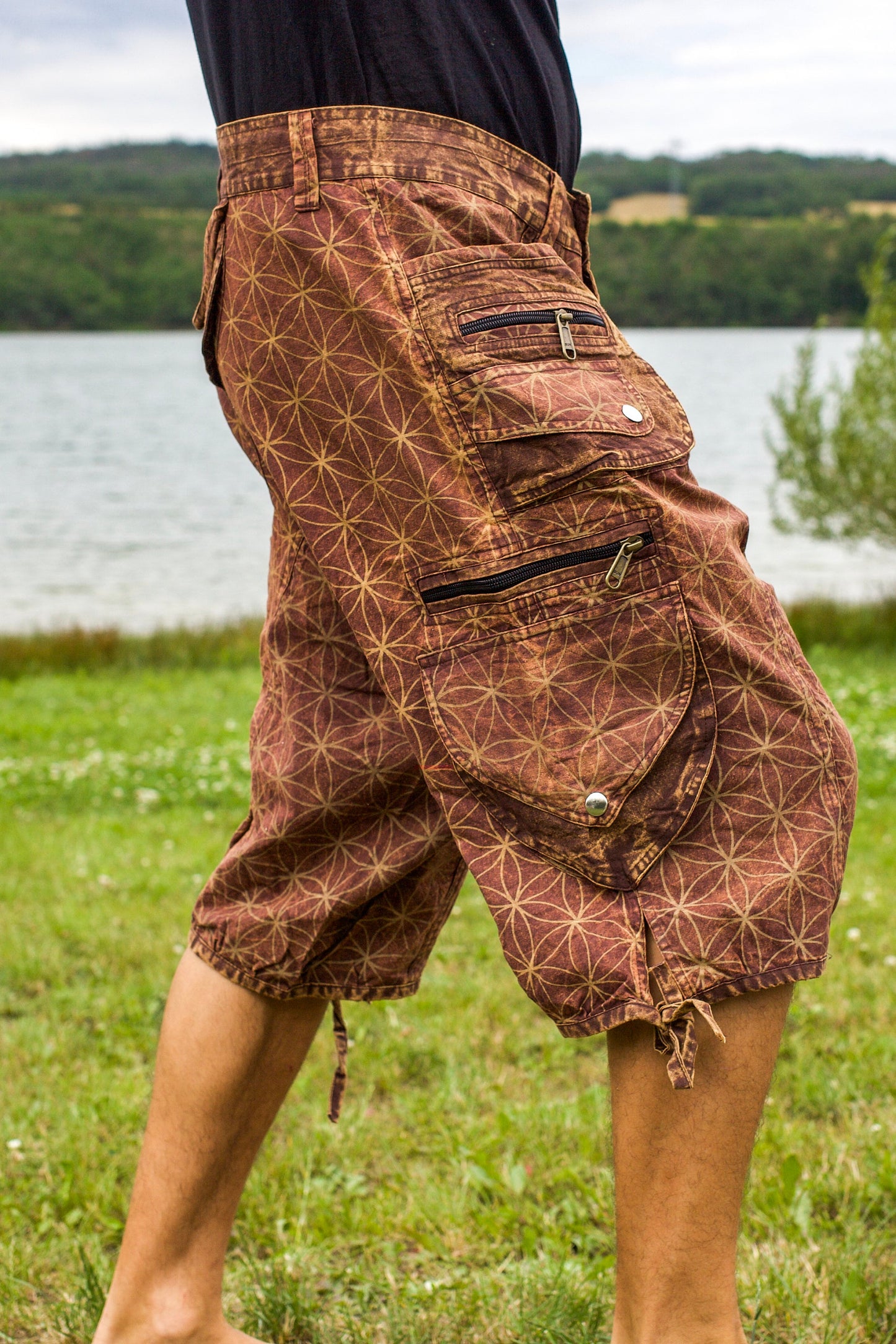 Brown Flower of Life Pants - sacred geometry pattern shorts - 9 pockets handmade long and short pants  size adjustable with 2 buttons