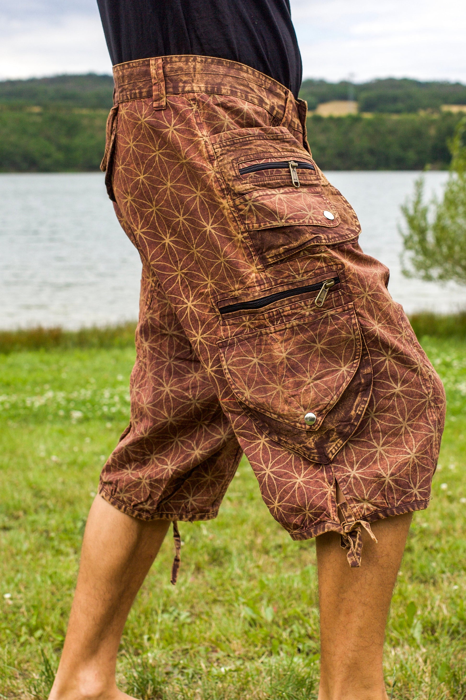 Brown Flower of Life Pants - sacred geometry pattern shorts - 9 pockets handmade long and short pants  size adjustable with 2 buttons