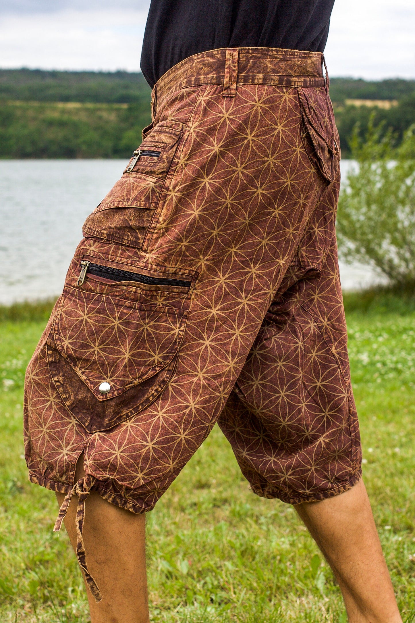 Brown Flower of Life Pants - sacred geometry pattern shorts - 9 pockets handmade long and short pants  size adjustable with 2 buttons