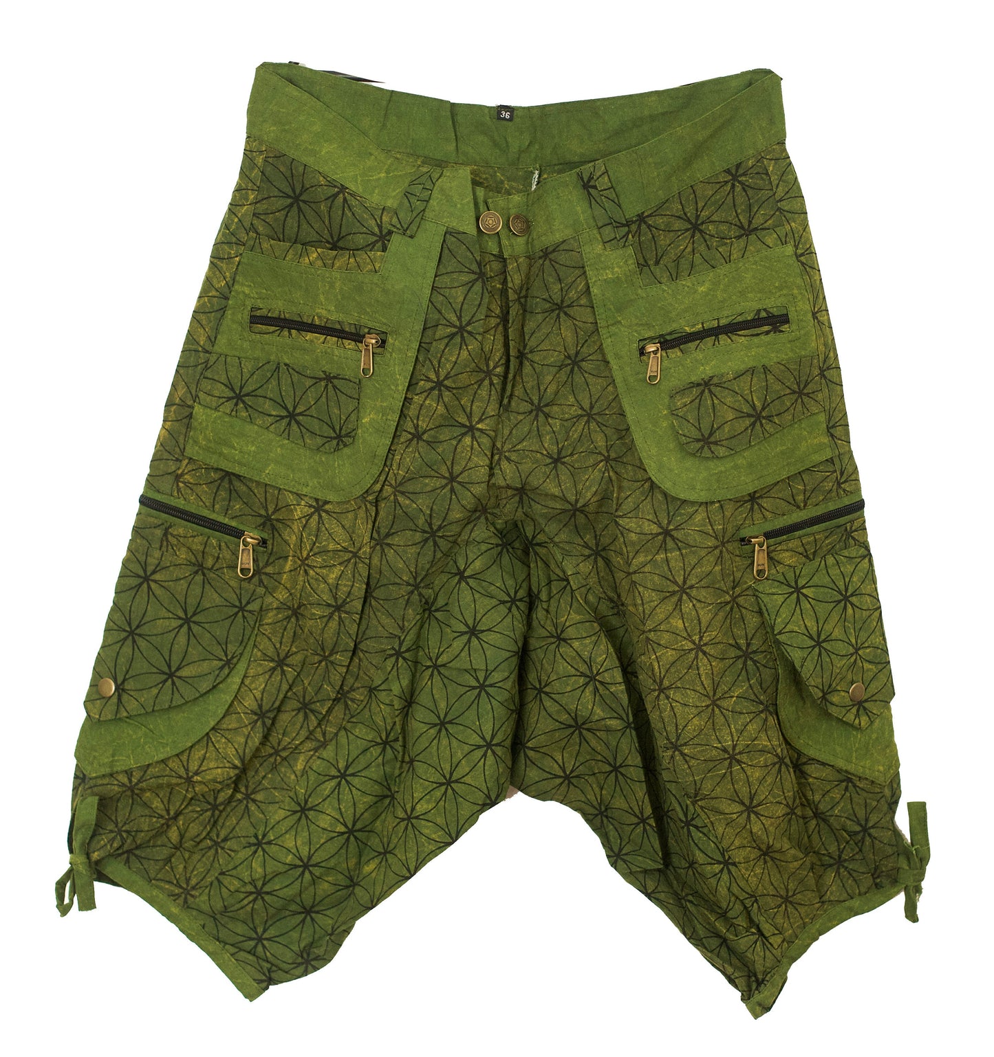 Green Flower of Life Pants - sacred geometry pattern shorts - 9 pockets handmade long and short pants  size adjustable with 2 buttons