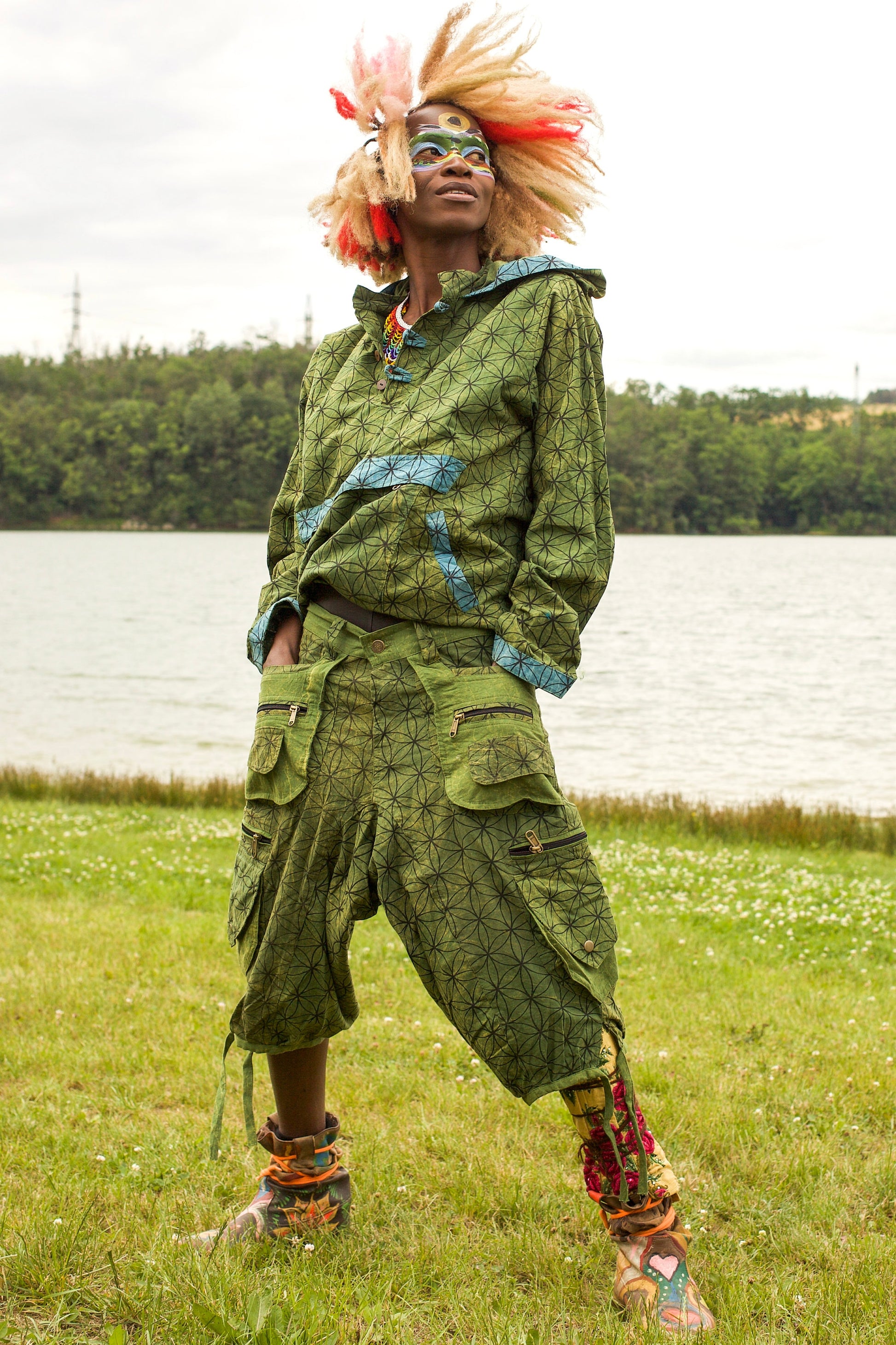 Green Flower of Life Pants - sacred geometry pattern shorts - 9 pockets handmade long and short pants  size adjustable with 2 buttons