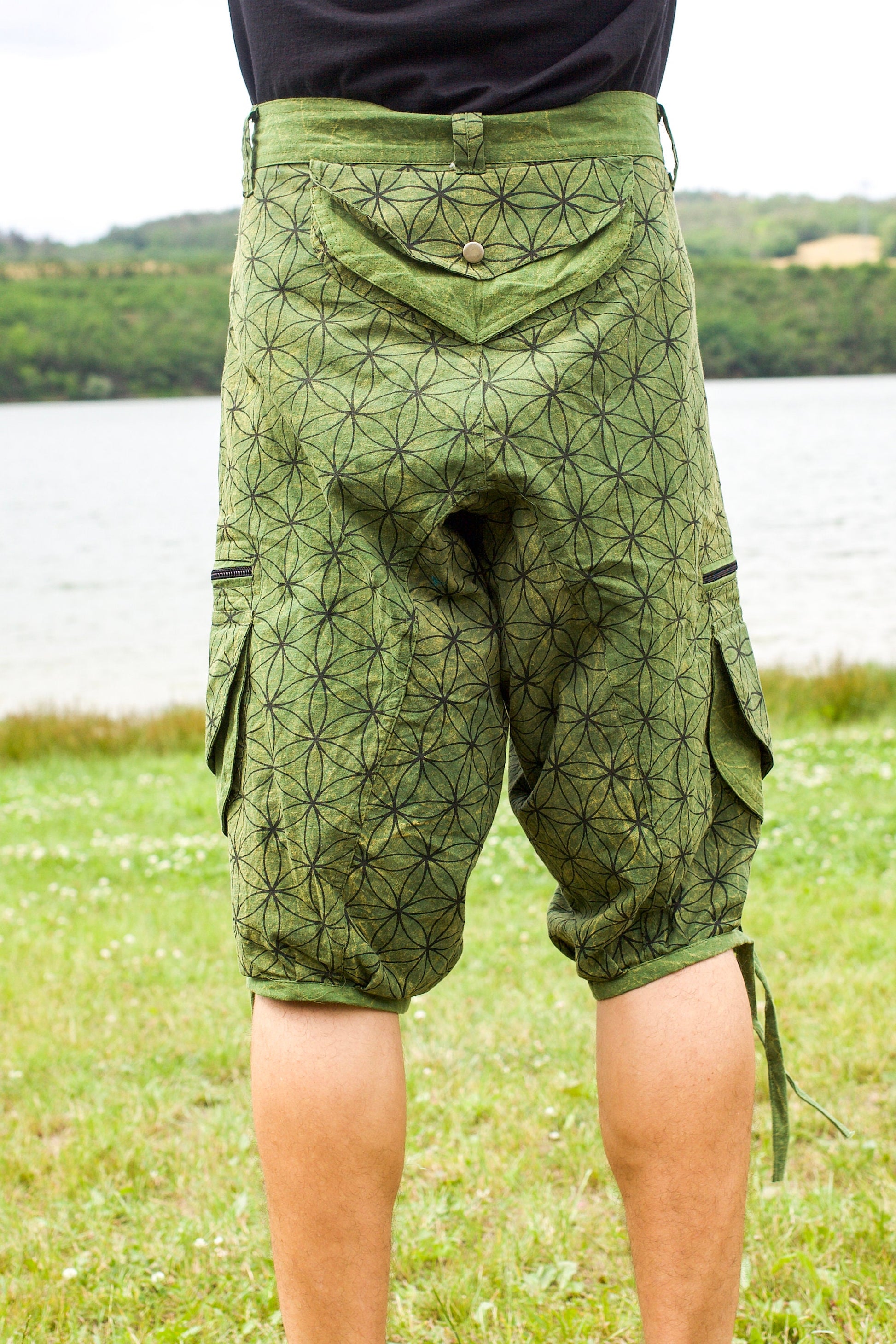 Green Flower of Life Pants - sacred geometry pattern shorts - 9 pockets handmade long and short pants  size adjustable with 2 buttons