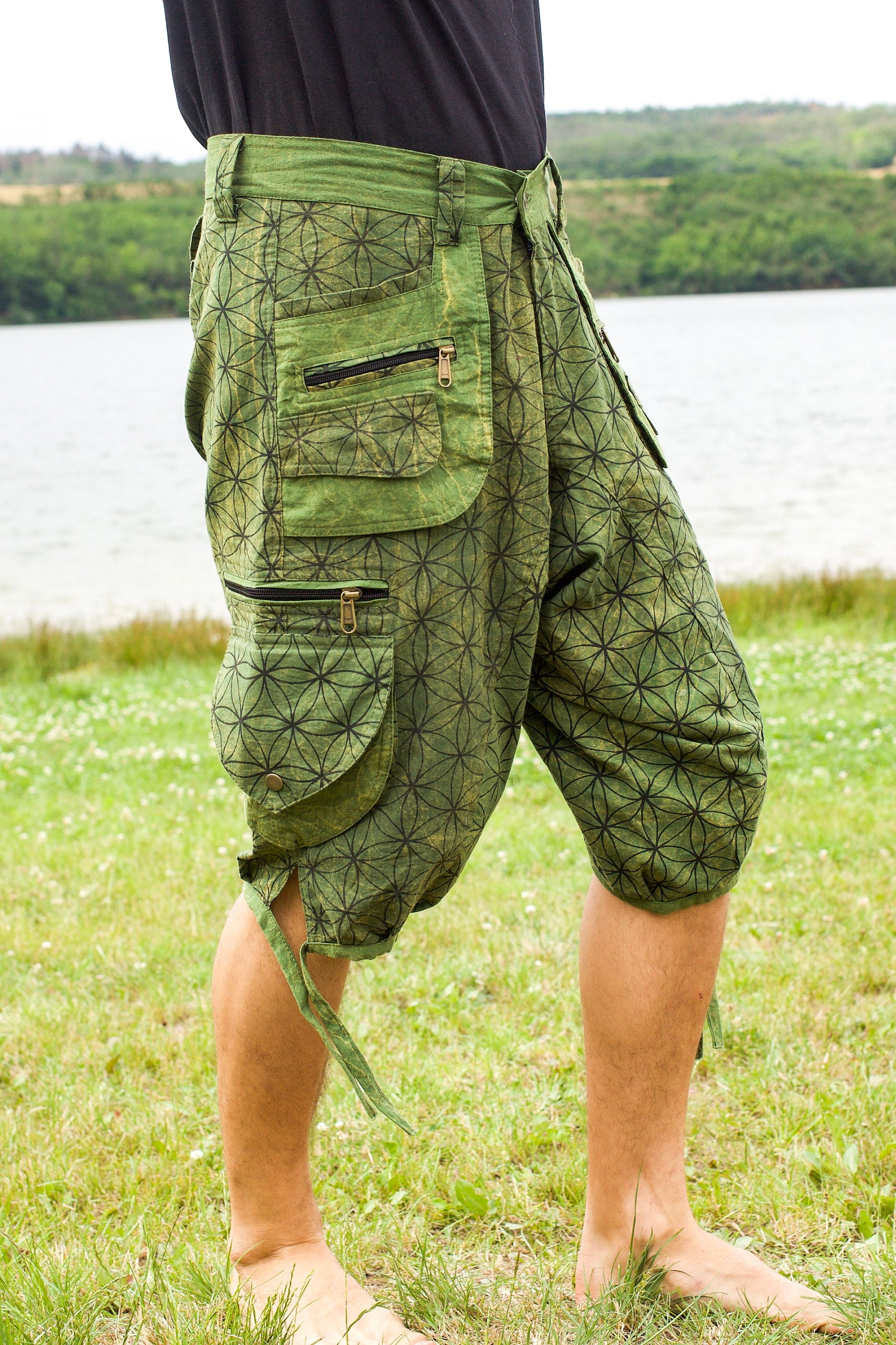 Green Flower of Life Pants - sacred geometry pattern shorts - 9 pockets handmade long and short pants  size adjustable with 2 buttons