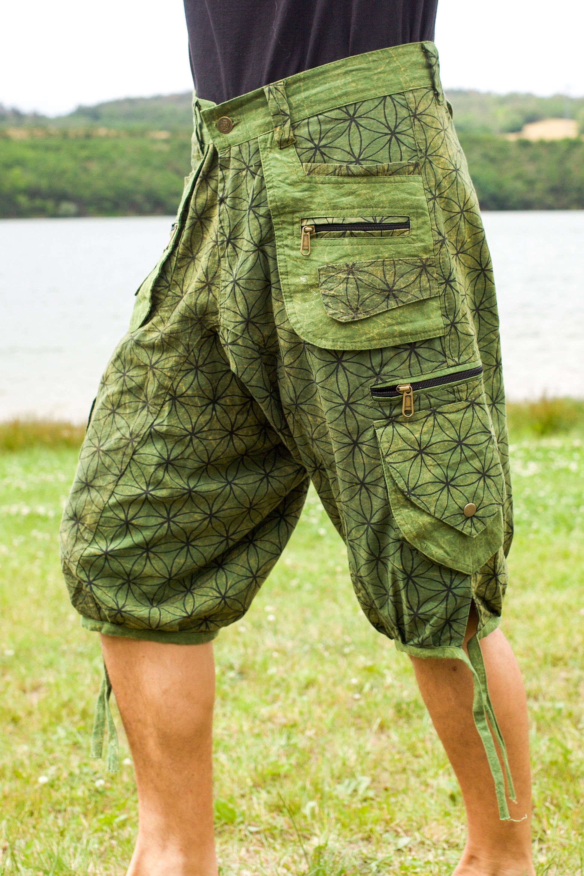 Green Flower of Life Pants - sacred geometry pattern shorts - 9 pockets handmade long and short pants  size adjustable with 2 buttons