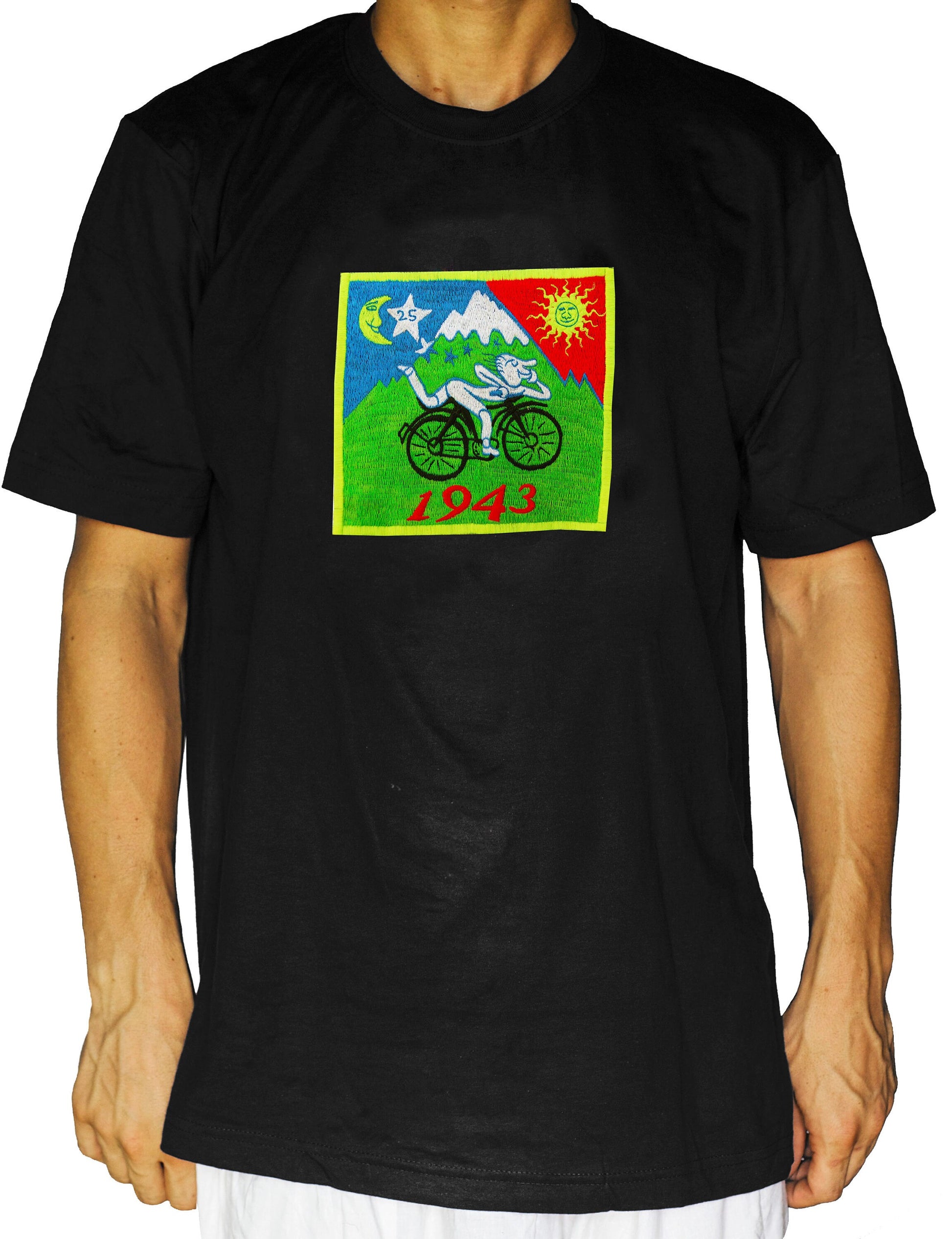 Hofmann Bicycle Day LSD T-Shirt blacklight handmade embroidery no print goa t-shirt Timothy Leary Albert Hofmann vintage bicycleday art