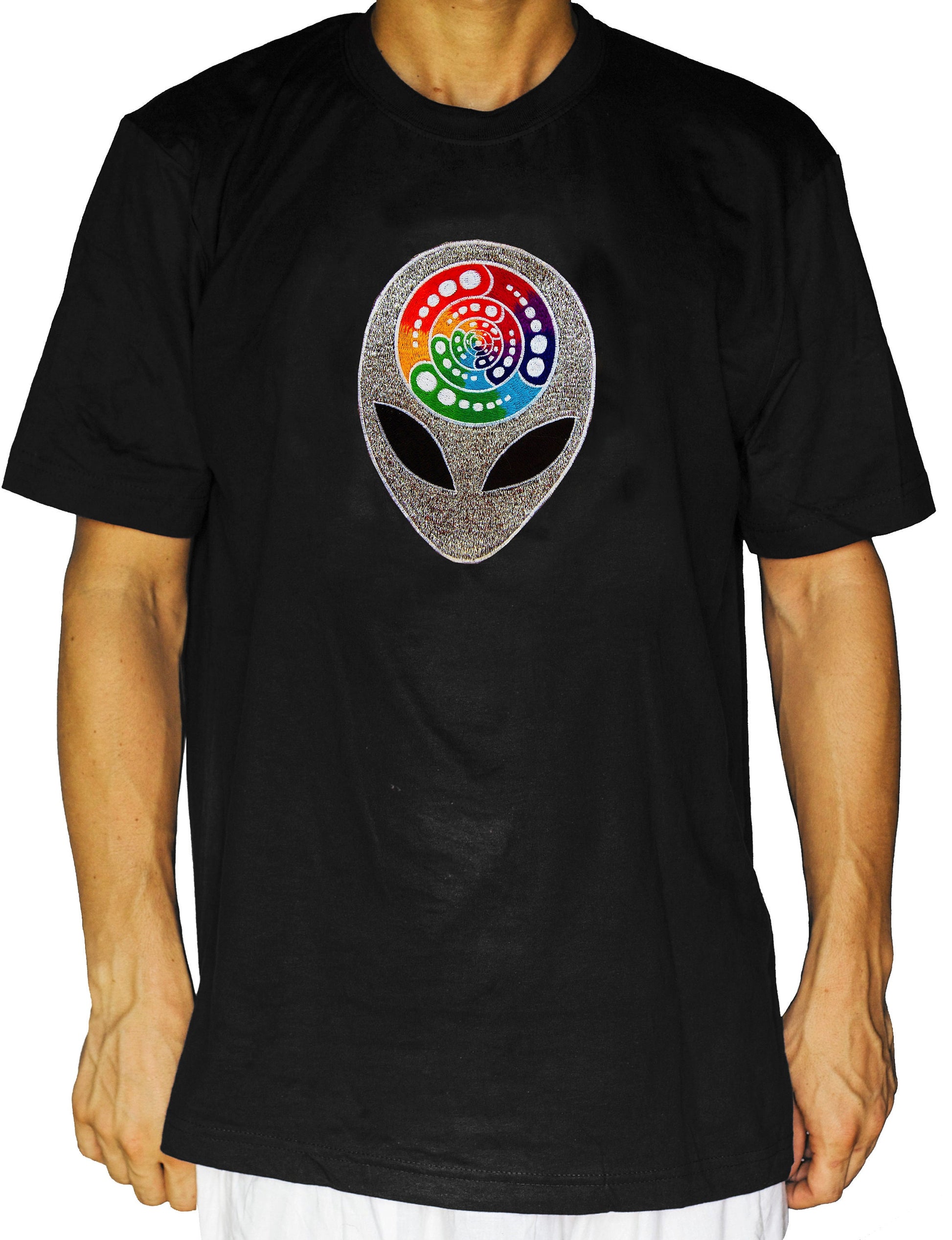 Alien Attributes crop circle T-Shirt blacklight handmade embroidery no print goa t-shirt