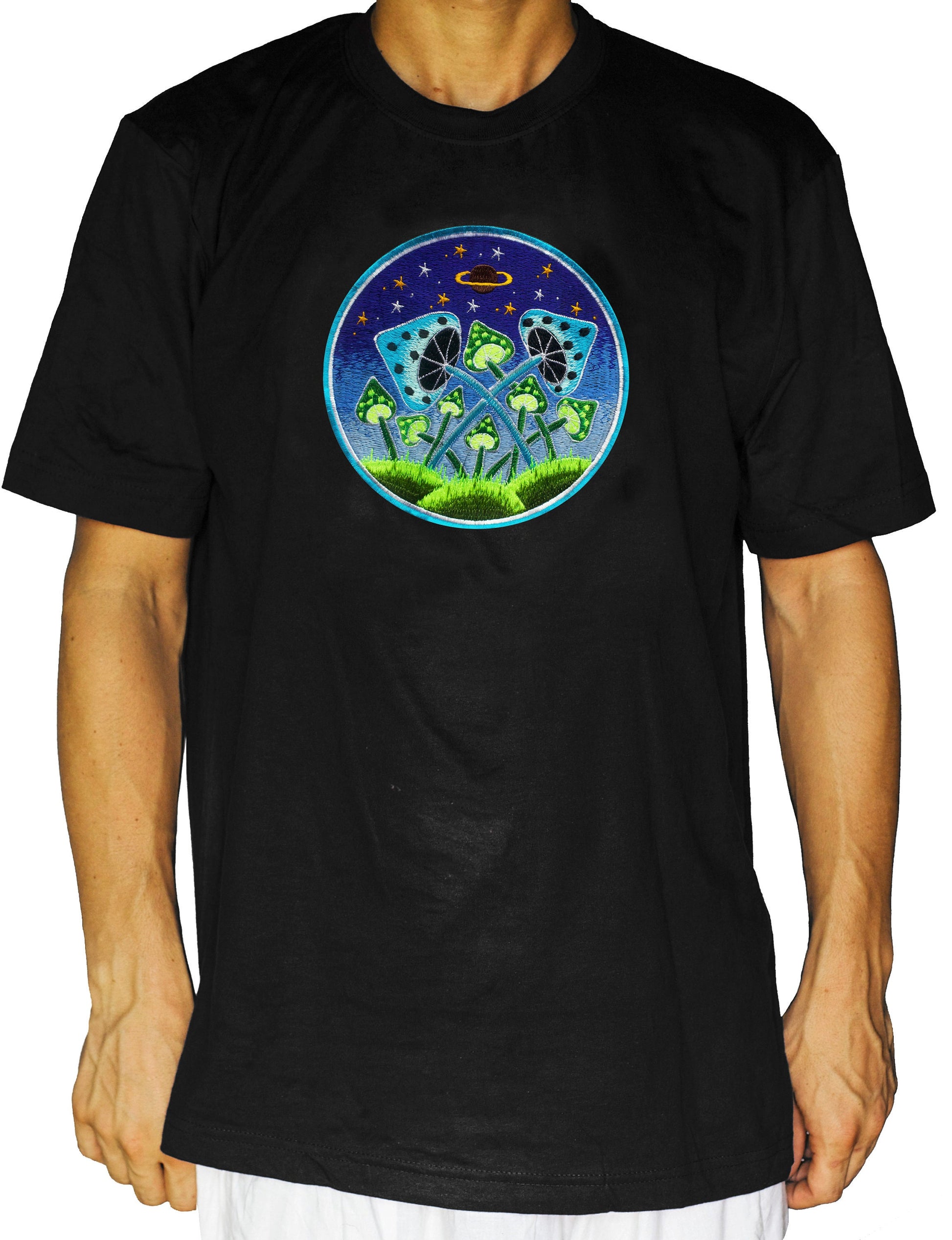 Blue Magic Mushroom T-Shirt Space Mandala Shrooms embroidery handmade mushroom yantra goa tshirt psychedelic psy trance mandala shirt