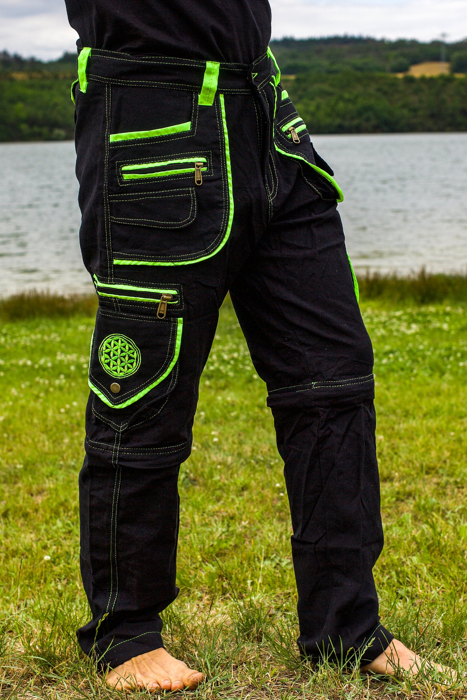 Flower of Life Pants - 2 in 1 pants - 9 pockets custom size handmade sacred geometry clamdiggers comfortable and heat adjustive