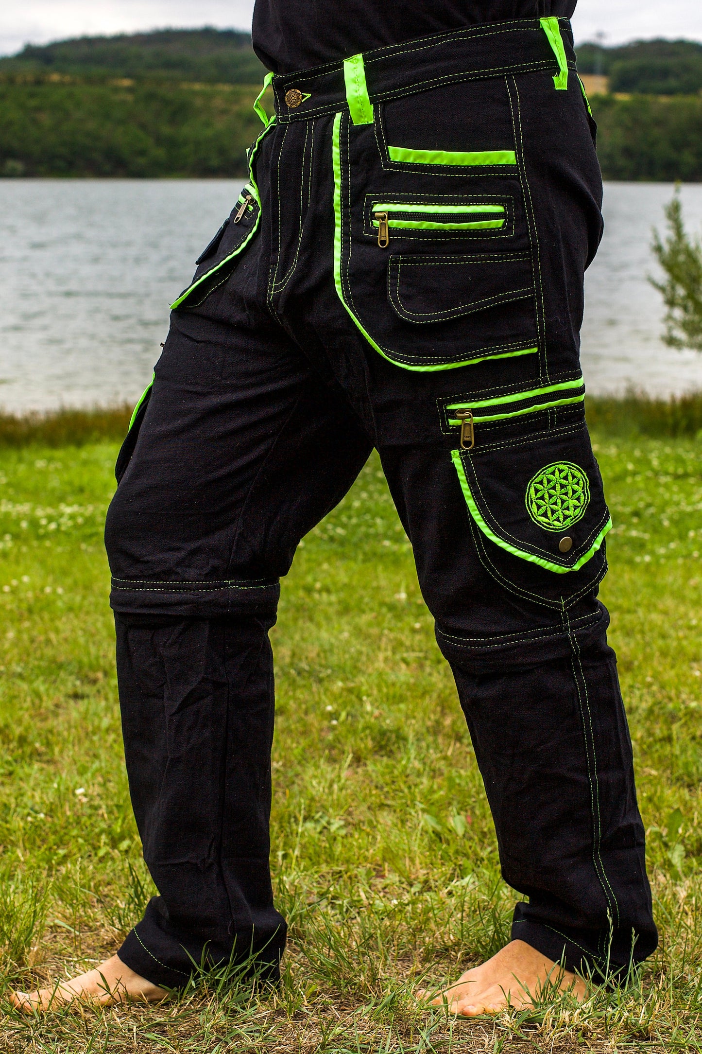 Flower of Life Pants - 2 in 1 pants - 9 pockets custom size handmade sacred geometry clamdiggers comfortable and heat adjustive