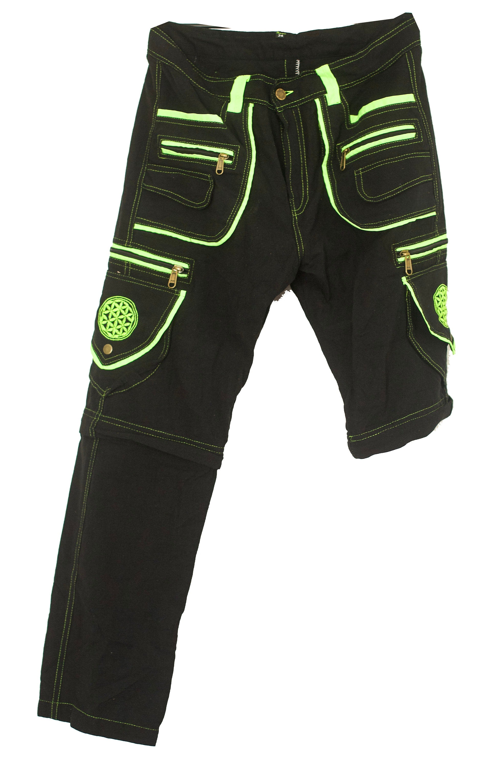 Flower of Life Pants - 2 in 1 pants - 9 pockets custom size handmade sacred geometry clamdiggers comfortable and heat adjustive