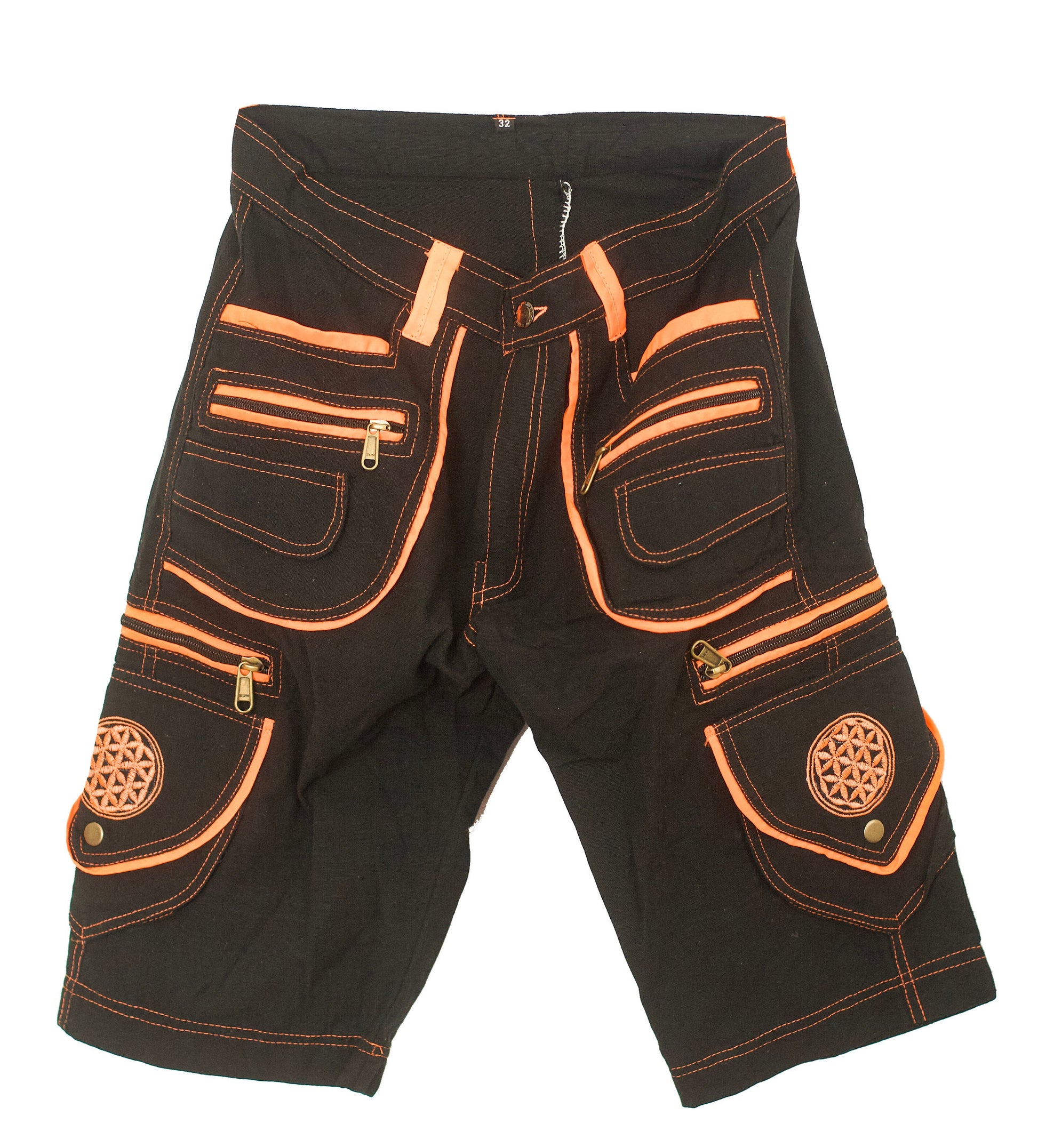 Flower of Life Pants - 2 in 1 pants - 9 pockets custom size UV orange embroidery sacred geometry clamdiggers comfortable and heat adjustive