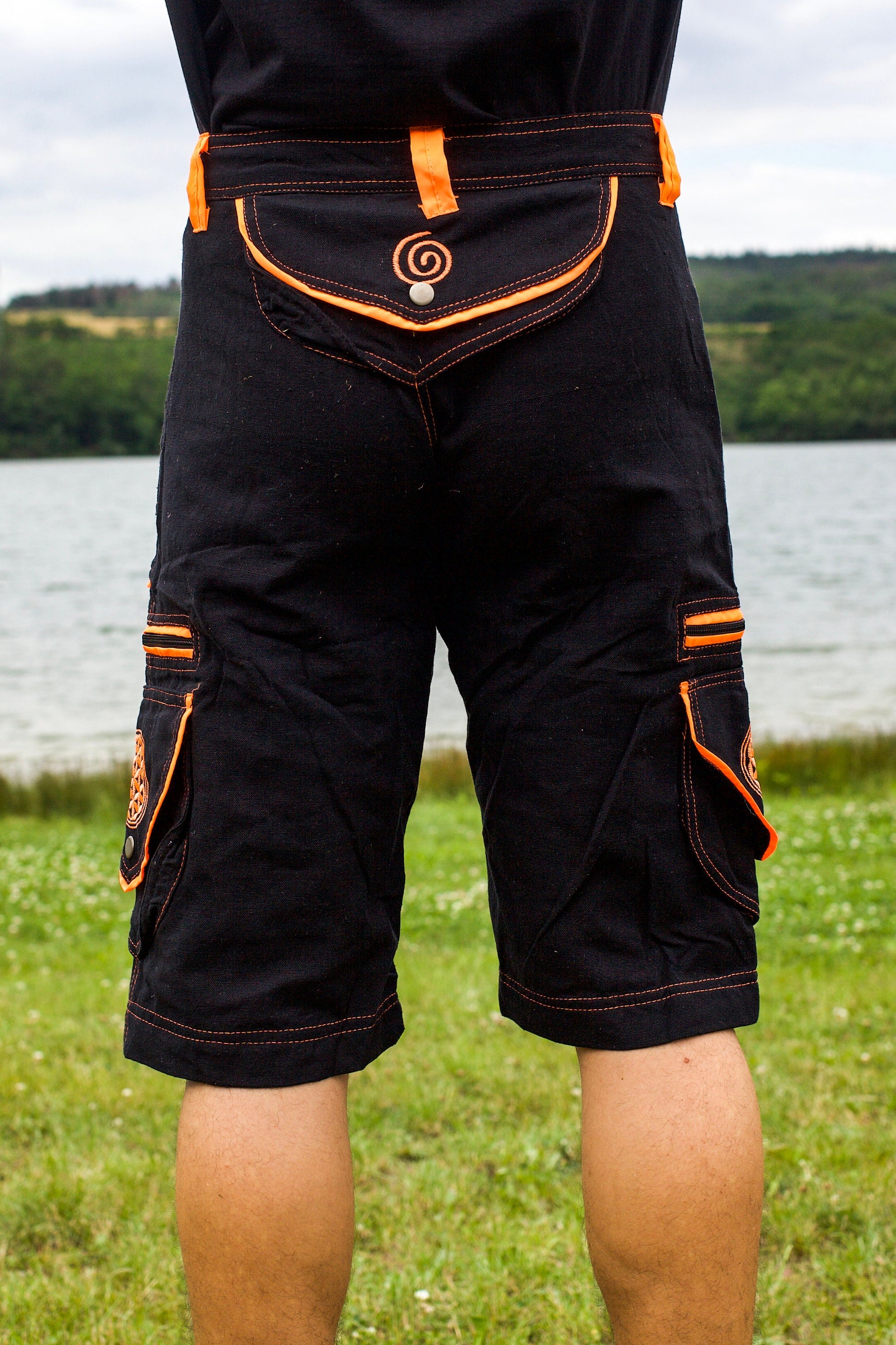 Flower of Life Pants - 2 in 1 pants - 9 pockets custom size UV orange embroidery sacred geometry clamdiggers comfortable and heat adjustive