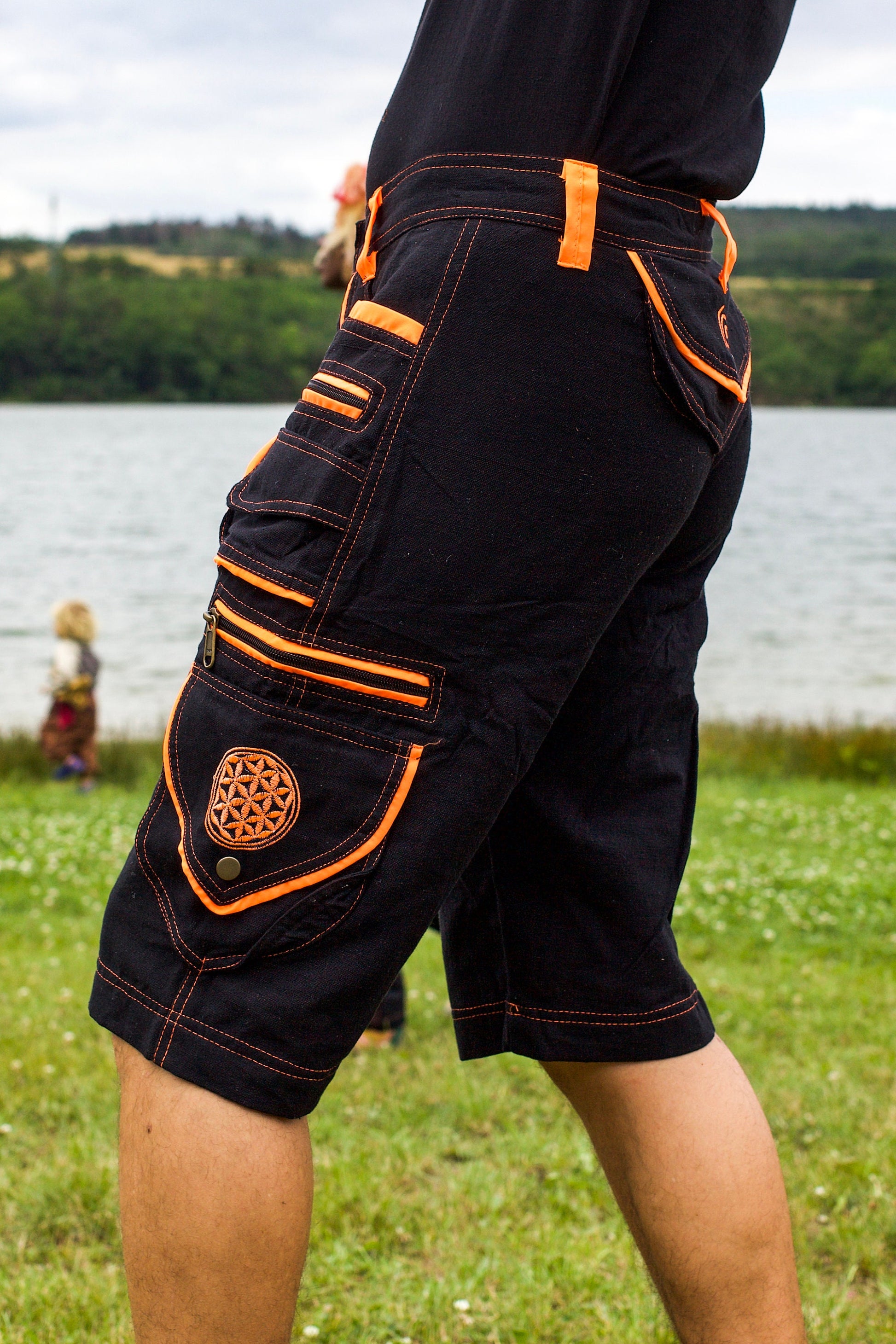 Flower of Life Pants - 2 in 1 pants - 9 pockets custom size UV orange embroidery sacred geometry clamdiggers comfortable and heat adjustive