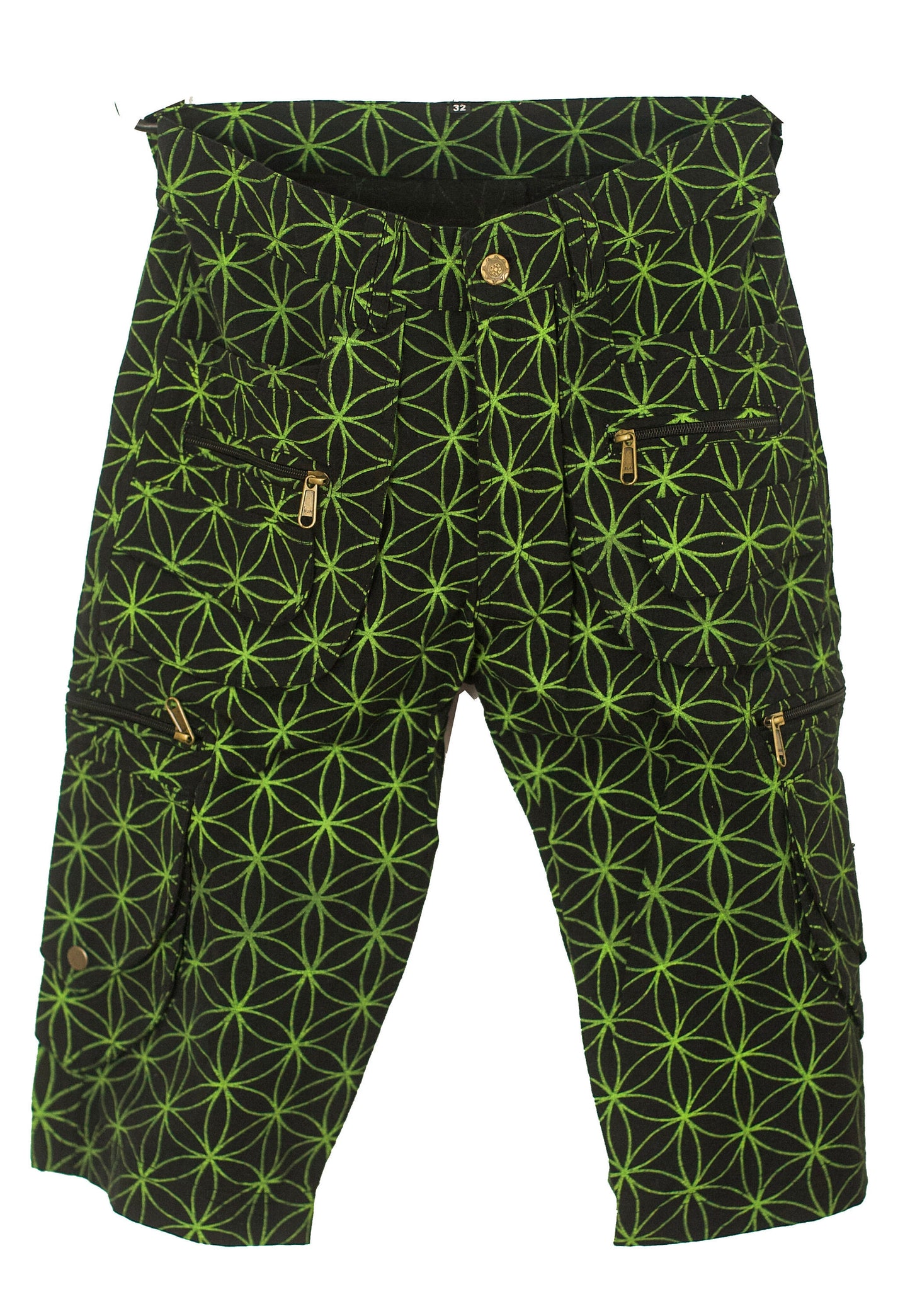 green Flower of Life Pants with many pockets - intelligent 2 in 1 shorts or long pants - handmade comfortable sacred geometry pattern